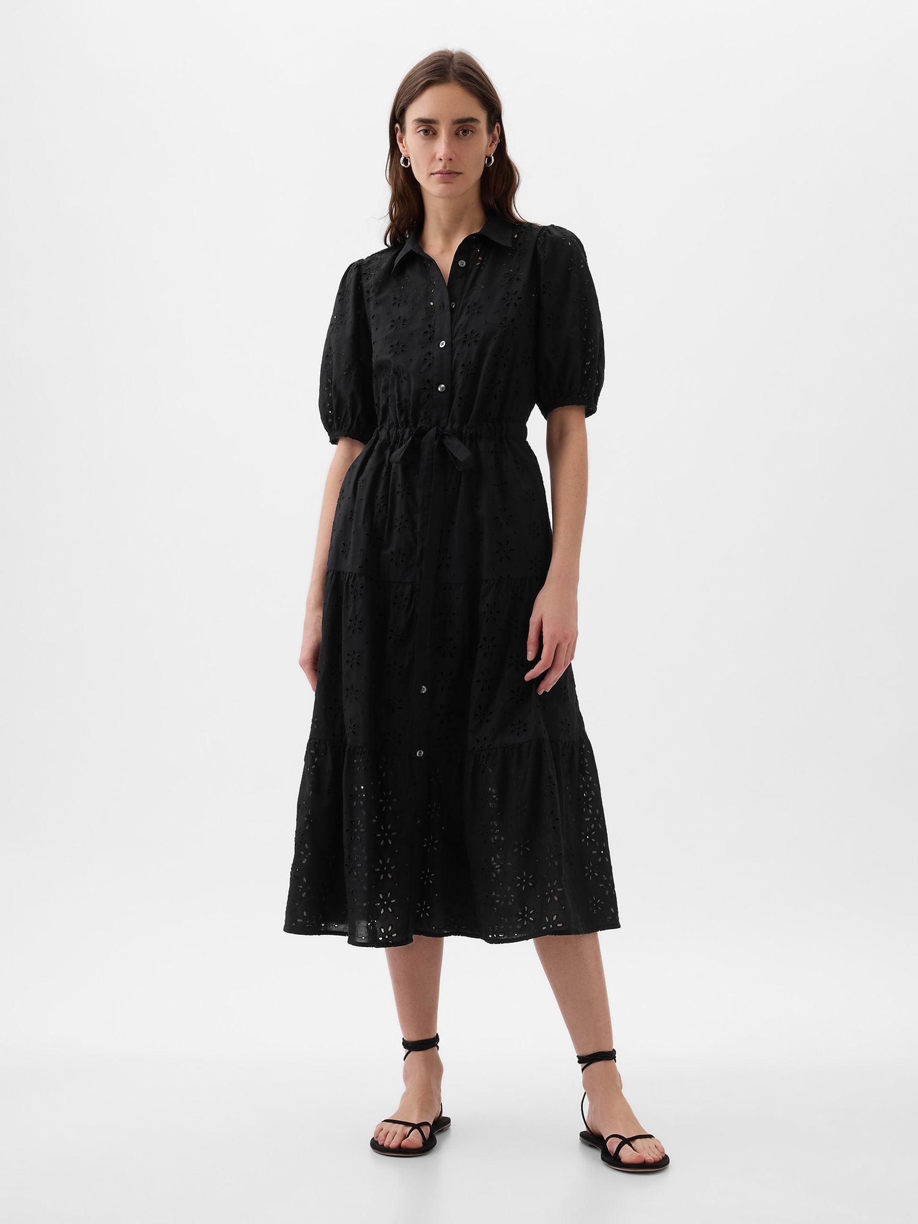 Black Eyelet Tie Waist Tiered Midi Dress - Image 4 of 5