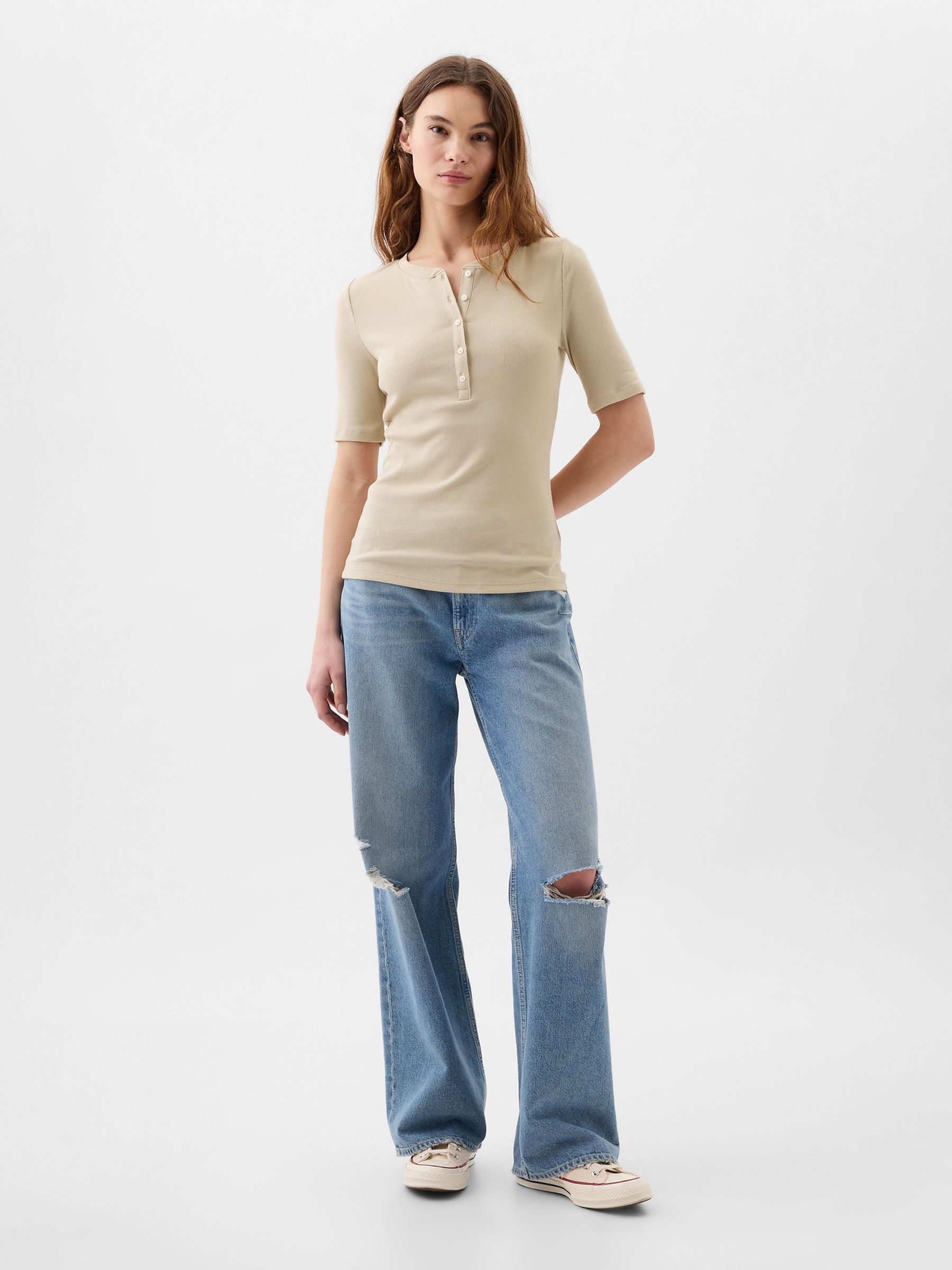 Neutral Ribbed Henley  Quarter Sleeve Crew Neck T-Shirt - Image 1 of 1