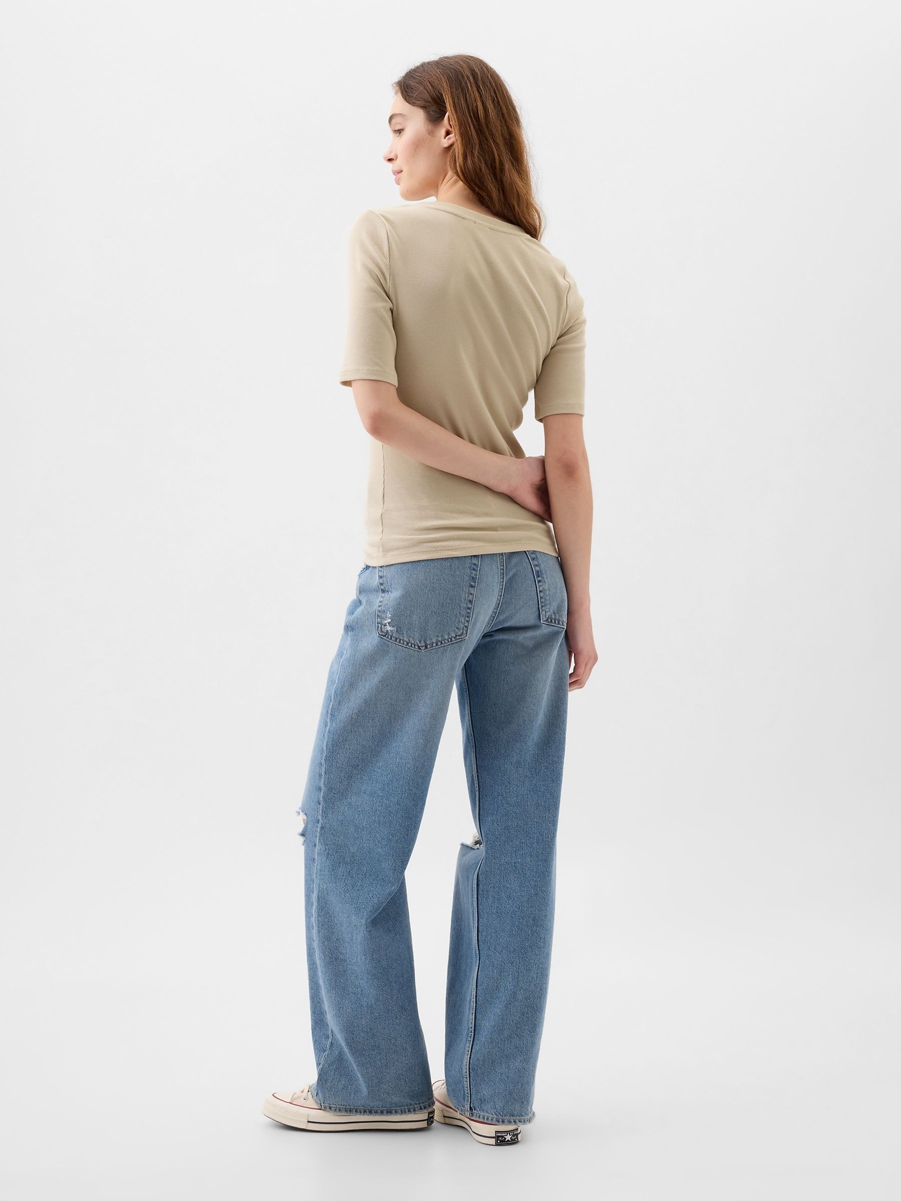 Neutral Ribbed Henley  Quarter Sleeve Crew Neck T-Shirt - Image 2 of 2