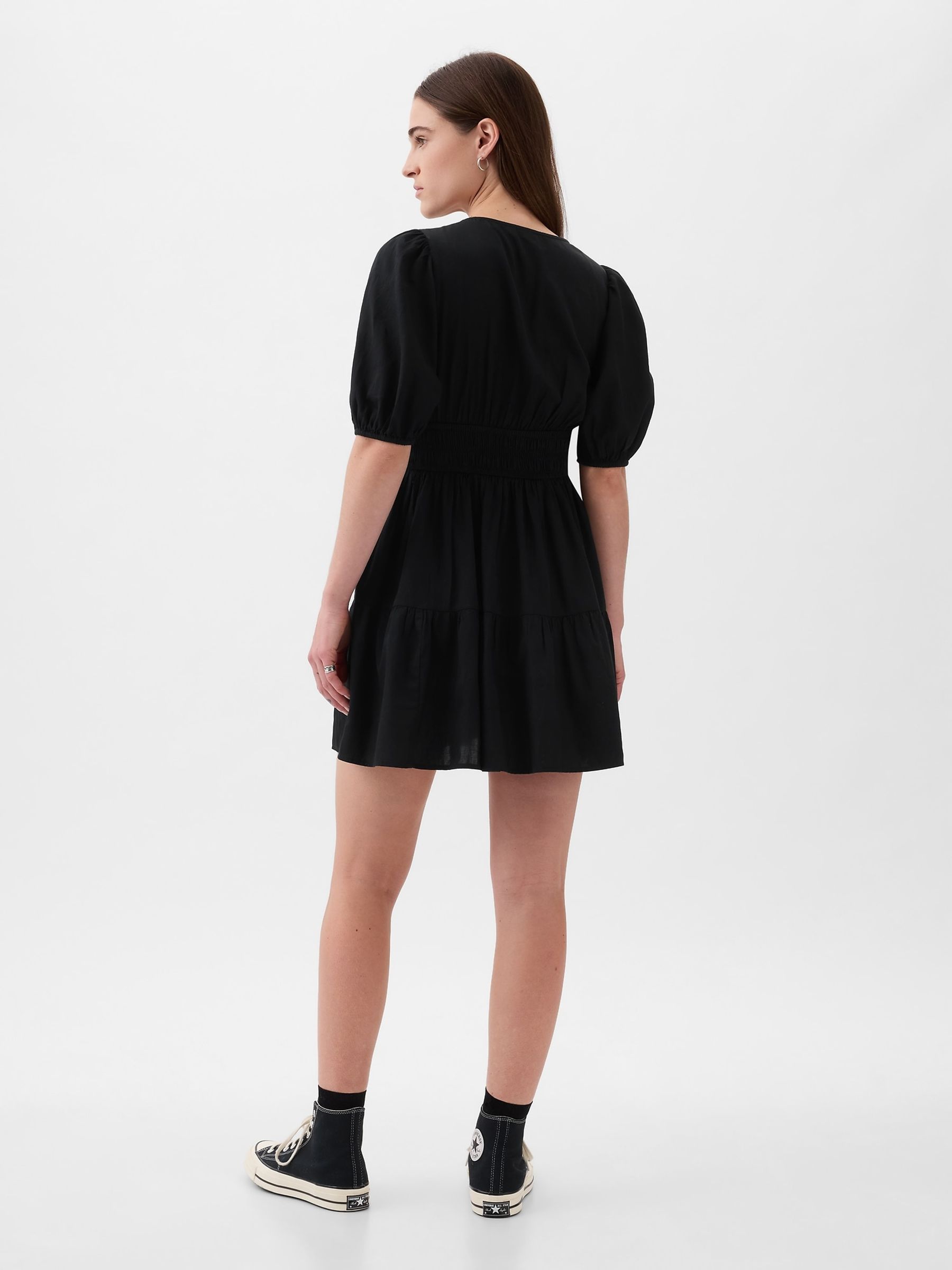 Black Cotton Smock Puff Sleeve Mini Dress - Image 2 of 5 Black Cotton Smock Puff Sleeve Mini Dress - Image 2 of 5