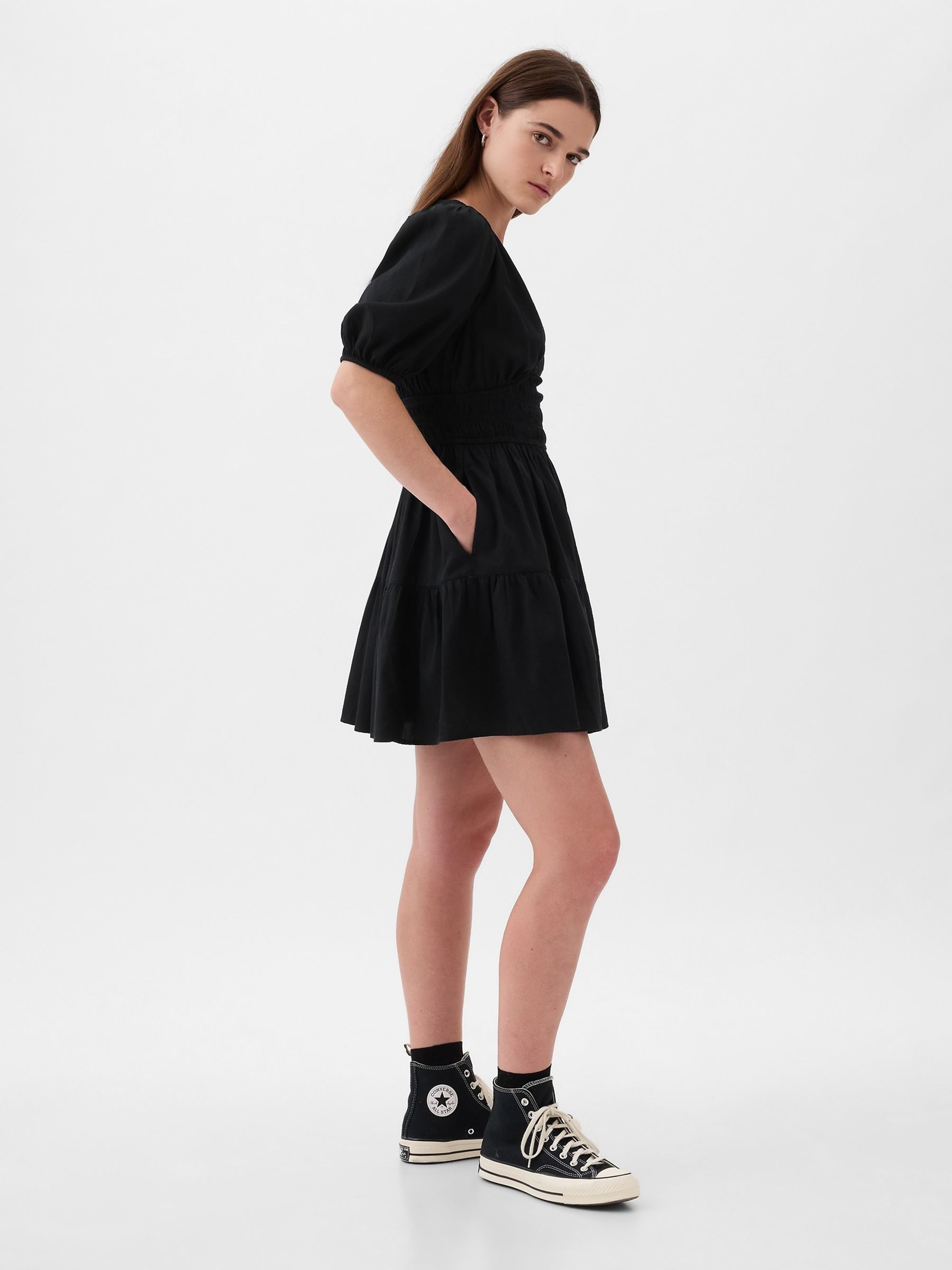 Black Cotton Smock Puff Sleeve Mini Dress - Image 3 of 5