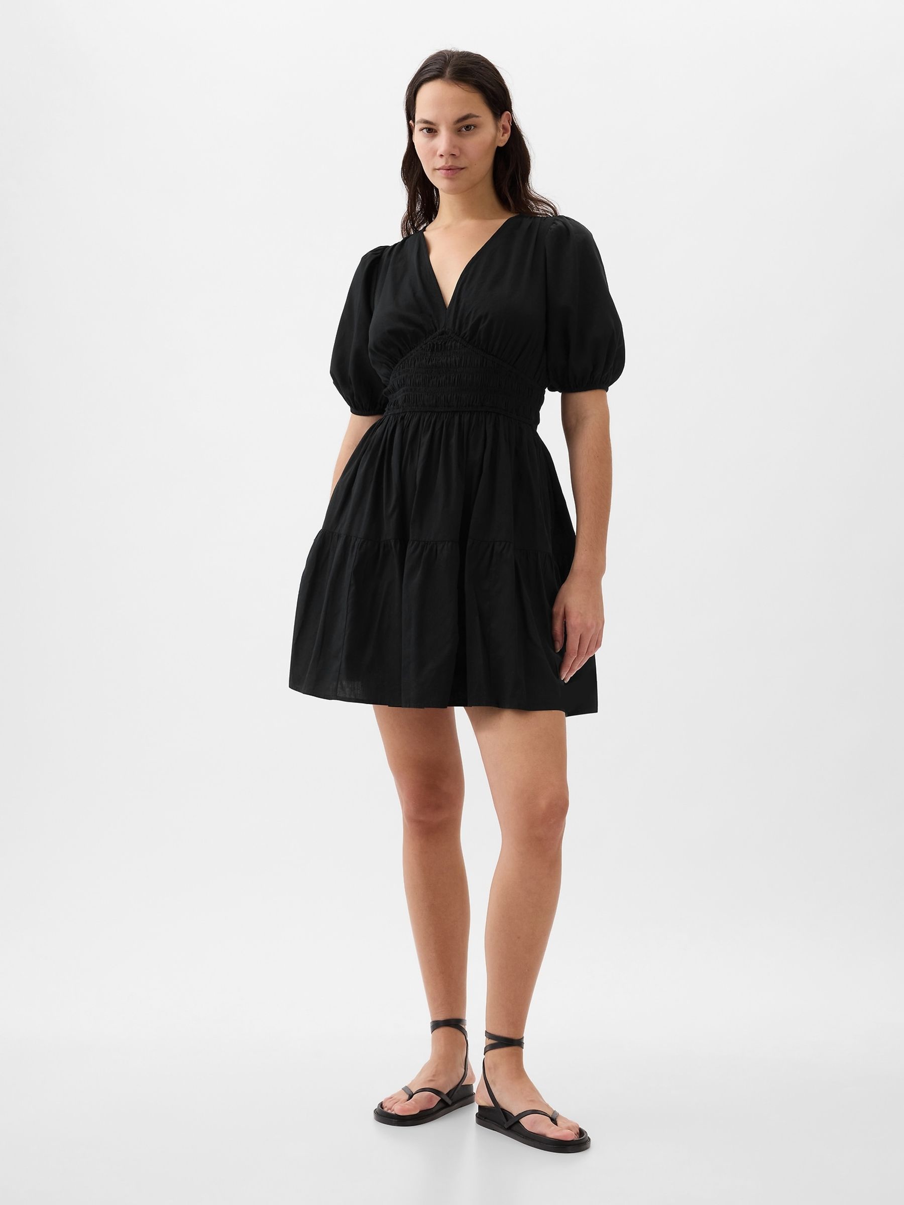 Black Cotton Smock Puff Sleeve Mini Dress - Image 4 of 5