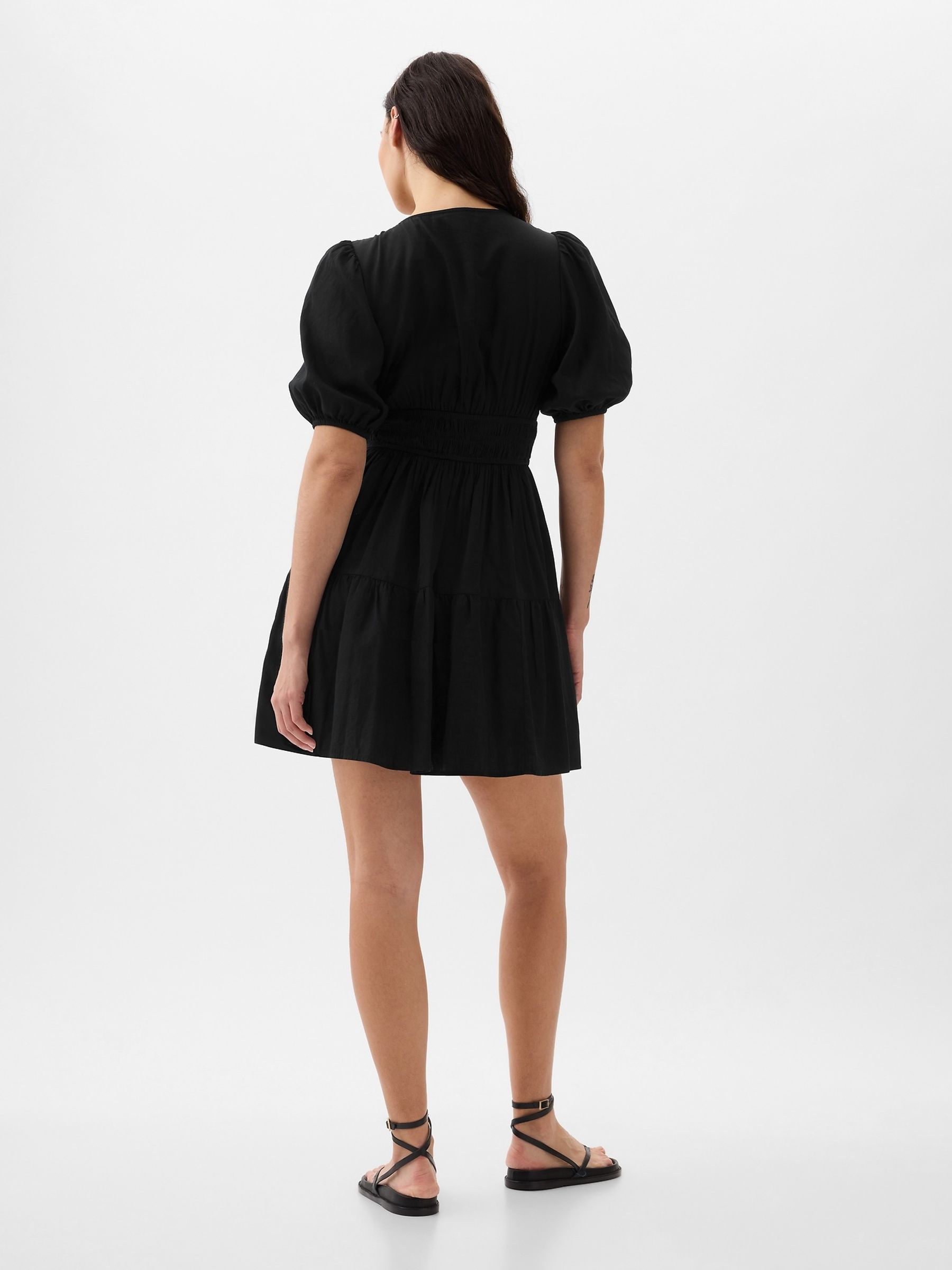 Black Cotton Smock Puff Sleeve Mini Dress - Image 5 of 5