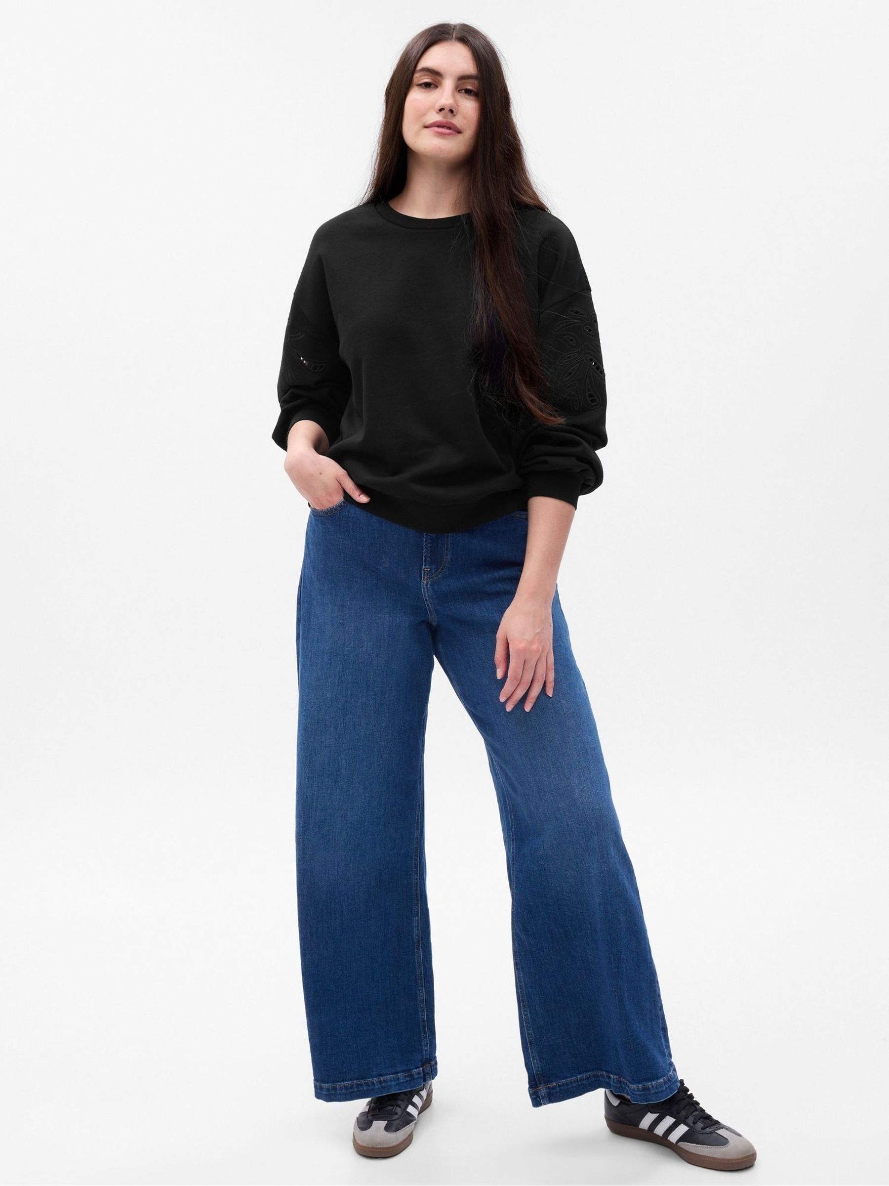 Black Vintage Soft Eyelet Sleeve Sweatshirt - Image 1 of 5