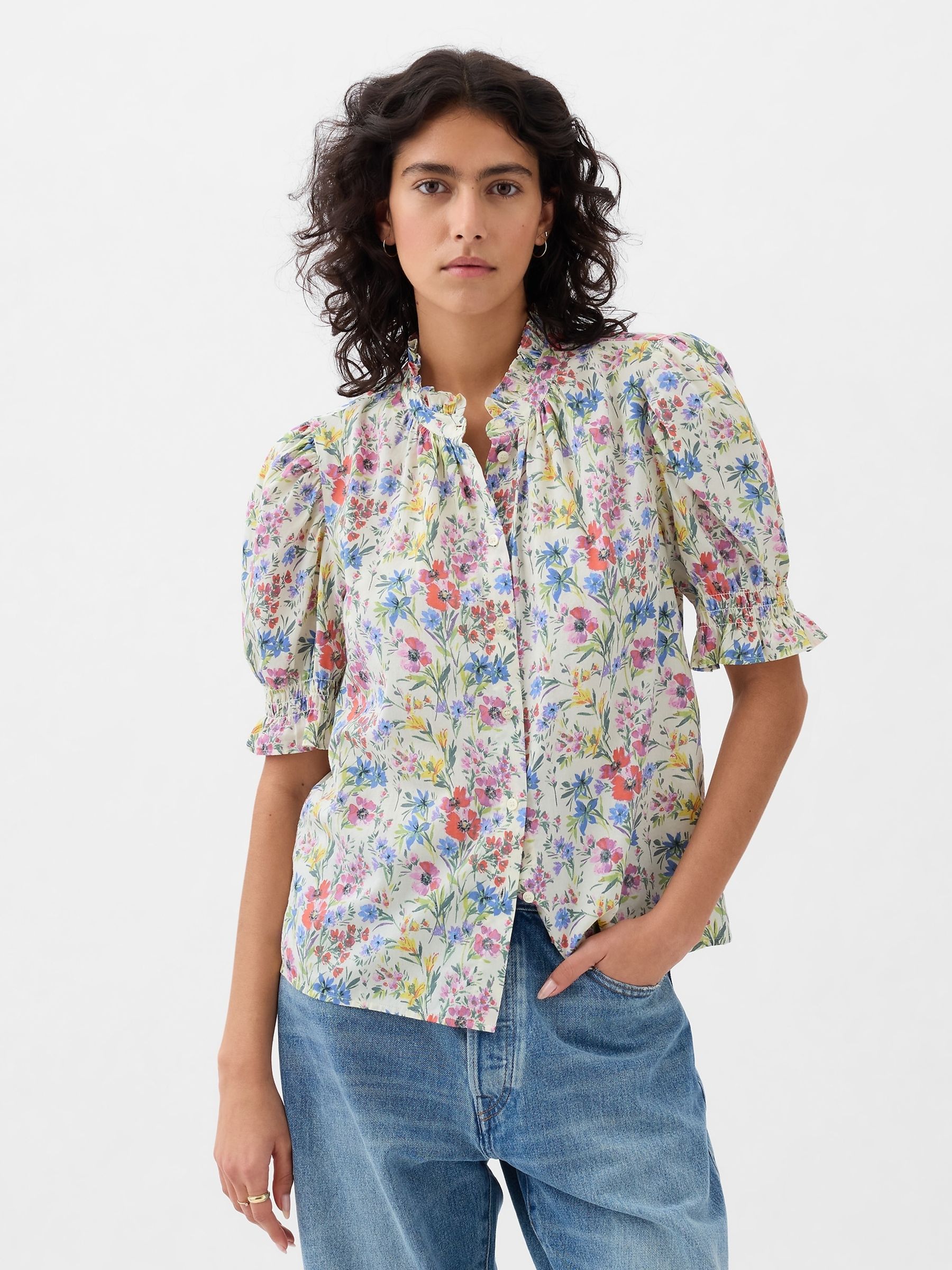 White Floral High Neck Puff Sleeve Button Shirt - Image 1 of 4