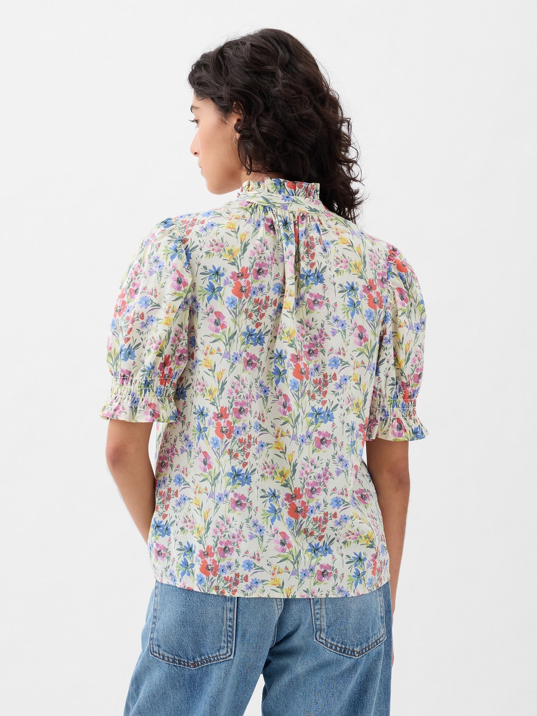 White Floral High Neck Puff Sleeve Button Shirt - Image 2 of 4