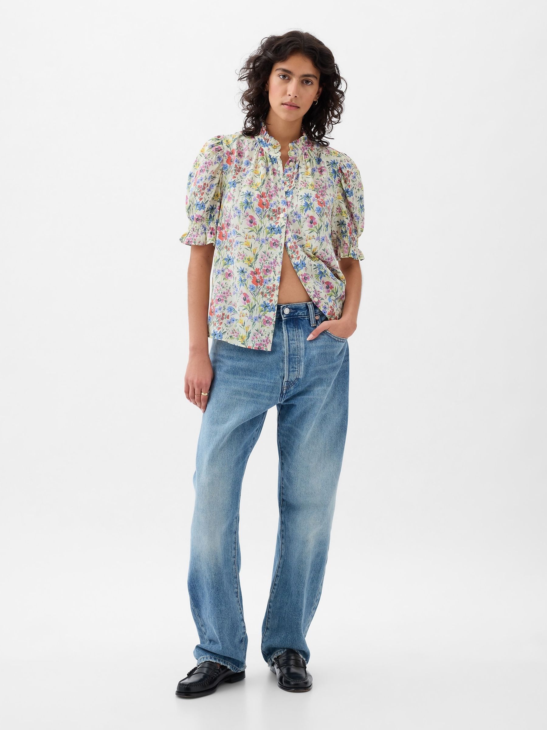 White Floral High Neck Puff Sleeve Button Shirt - Image 3 of 4