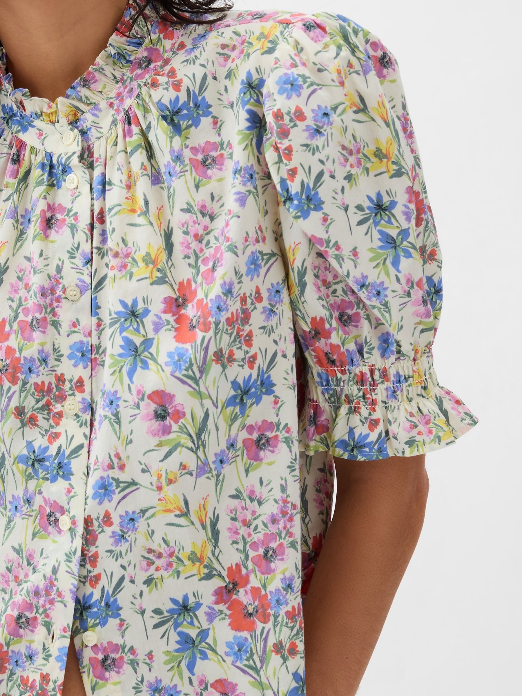 White Floral High Neck Puff Sleeve Button Shirt - Image 4 of 4