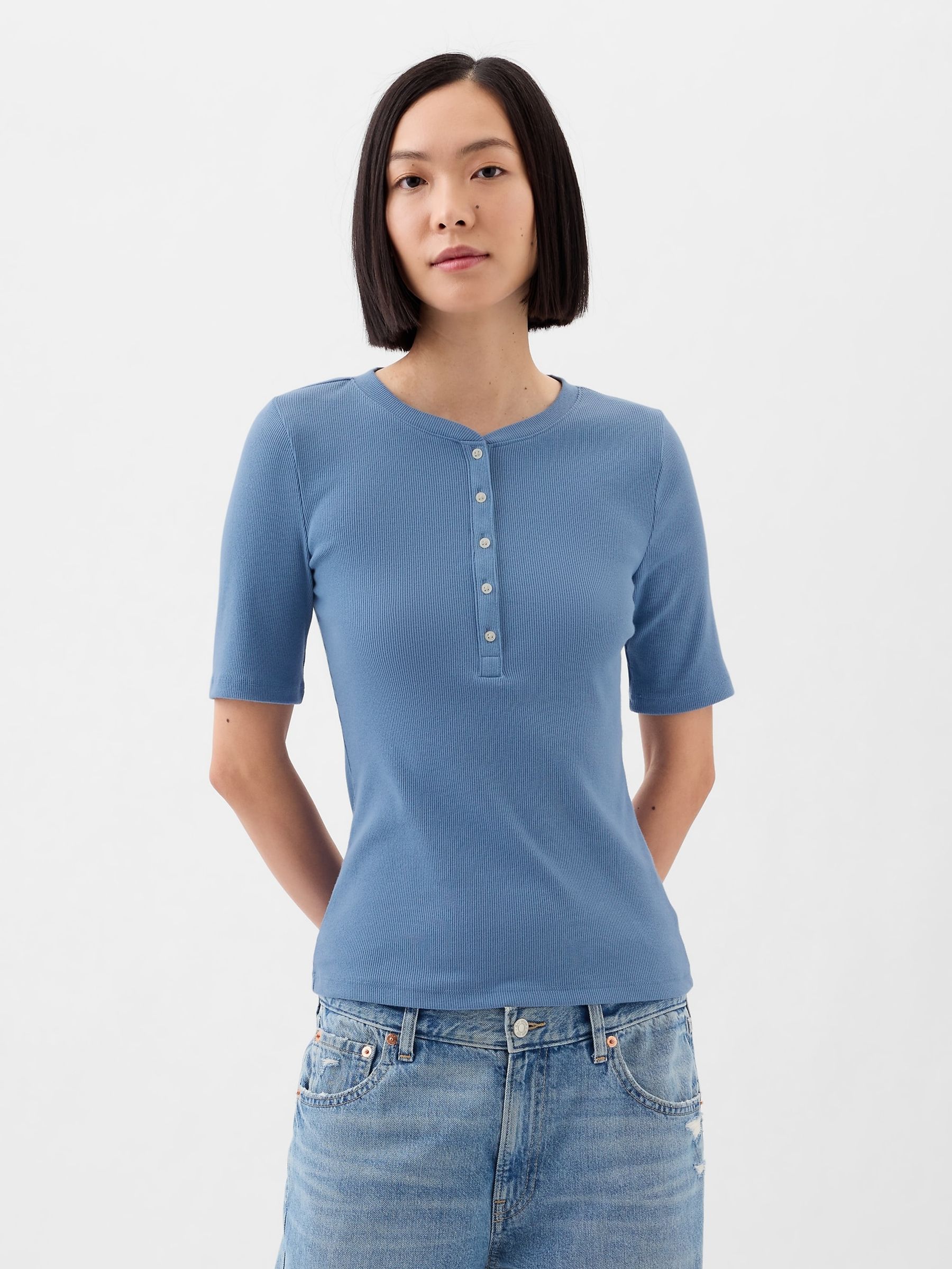 Blue Ribbed Henley Quarter Sleeve Crew Neck T-Shirt - Image 1 of 1 Blue Ribbed Henley Quarter Sleeve Crew Neck T-Shirt - Image 1 of 1