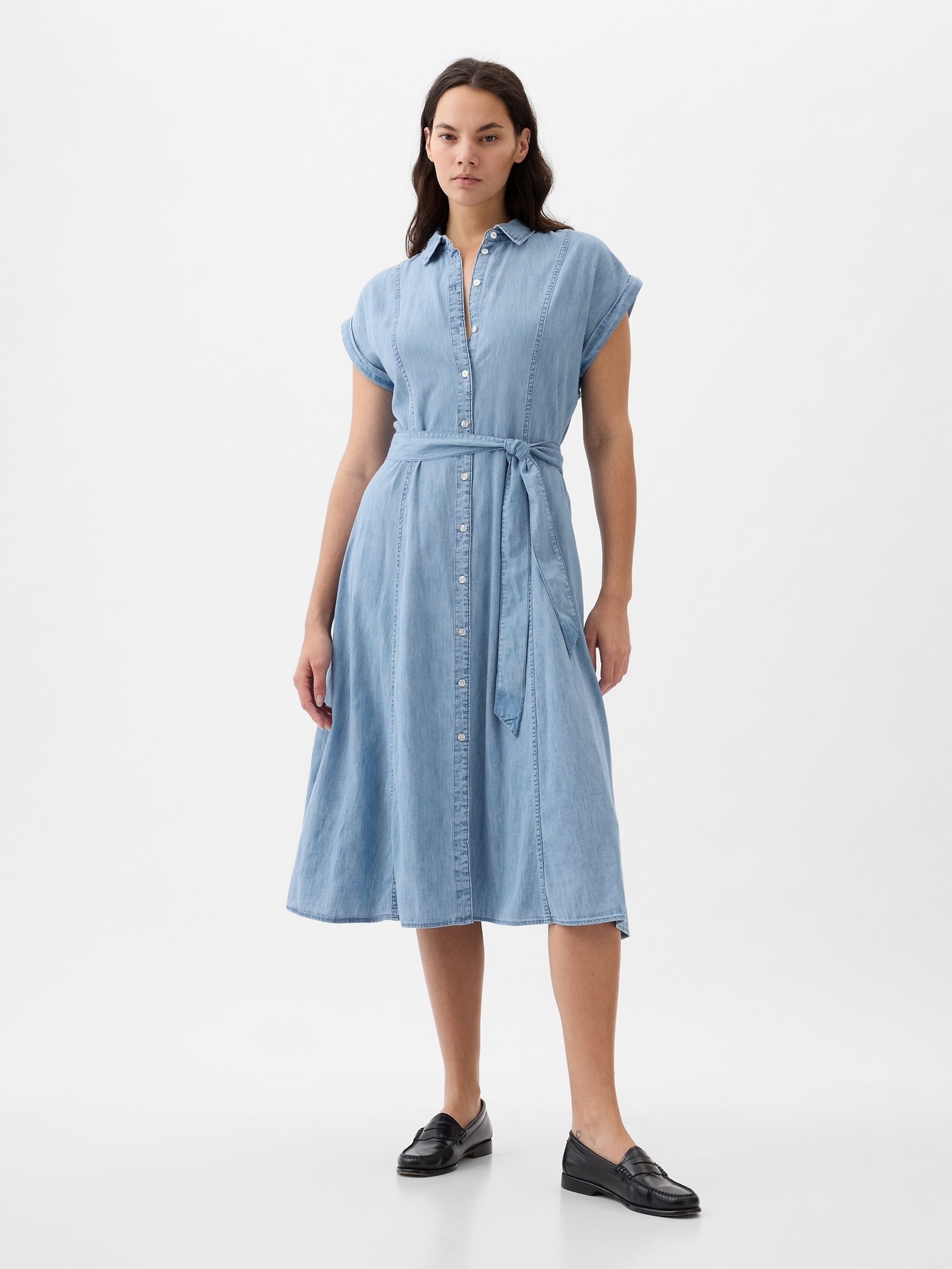 Blue Denim Tie Waist Midi Shirt Dress - Image 1 of 5