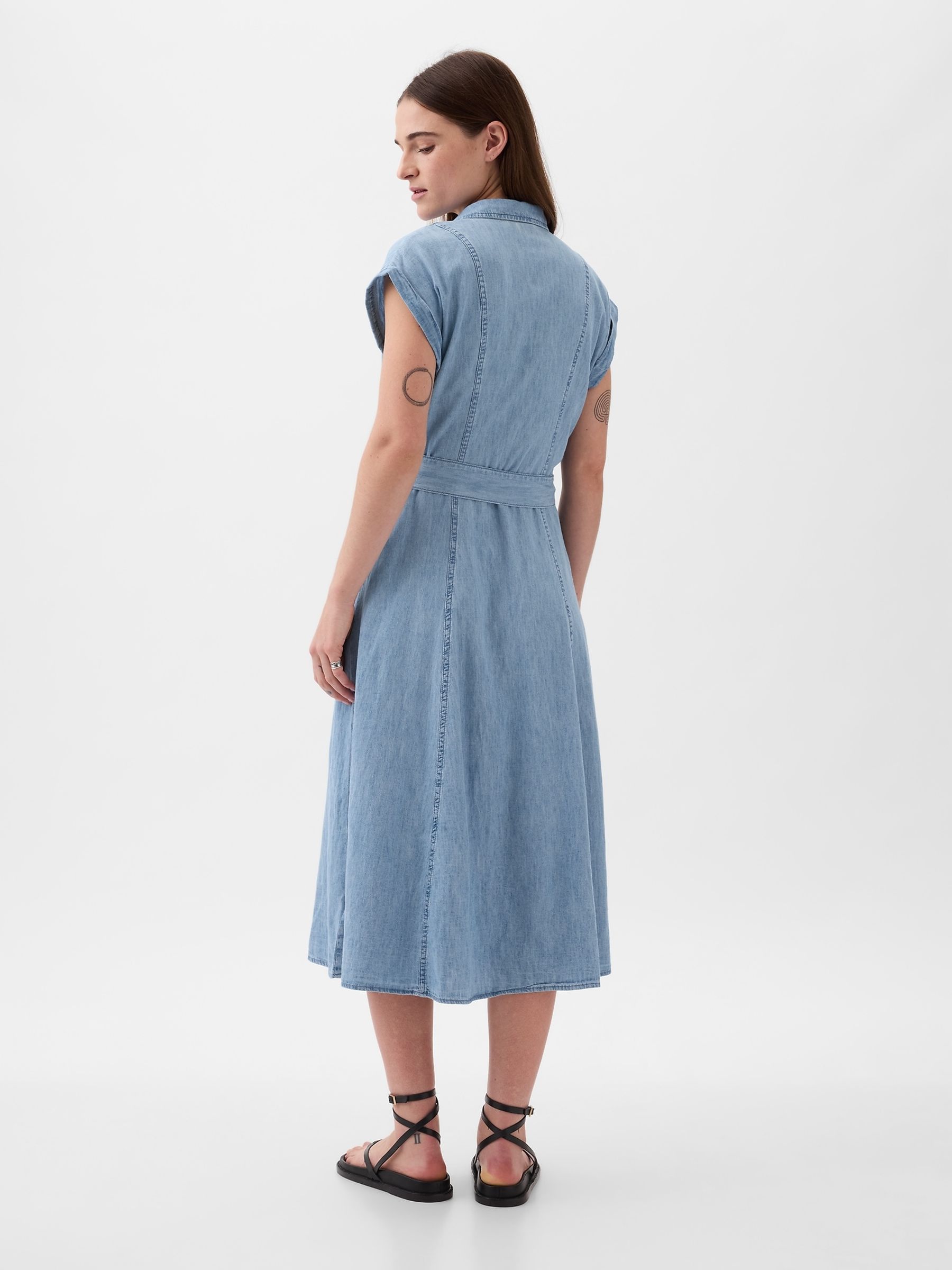 Blue Denim Tie Waist Midi Shirt Dress - Image 2 of 5