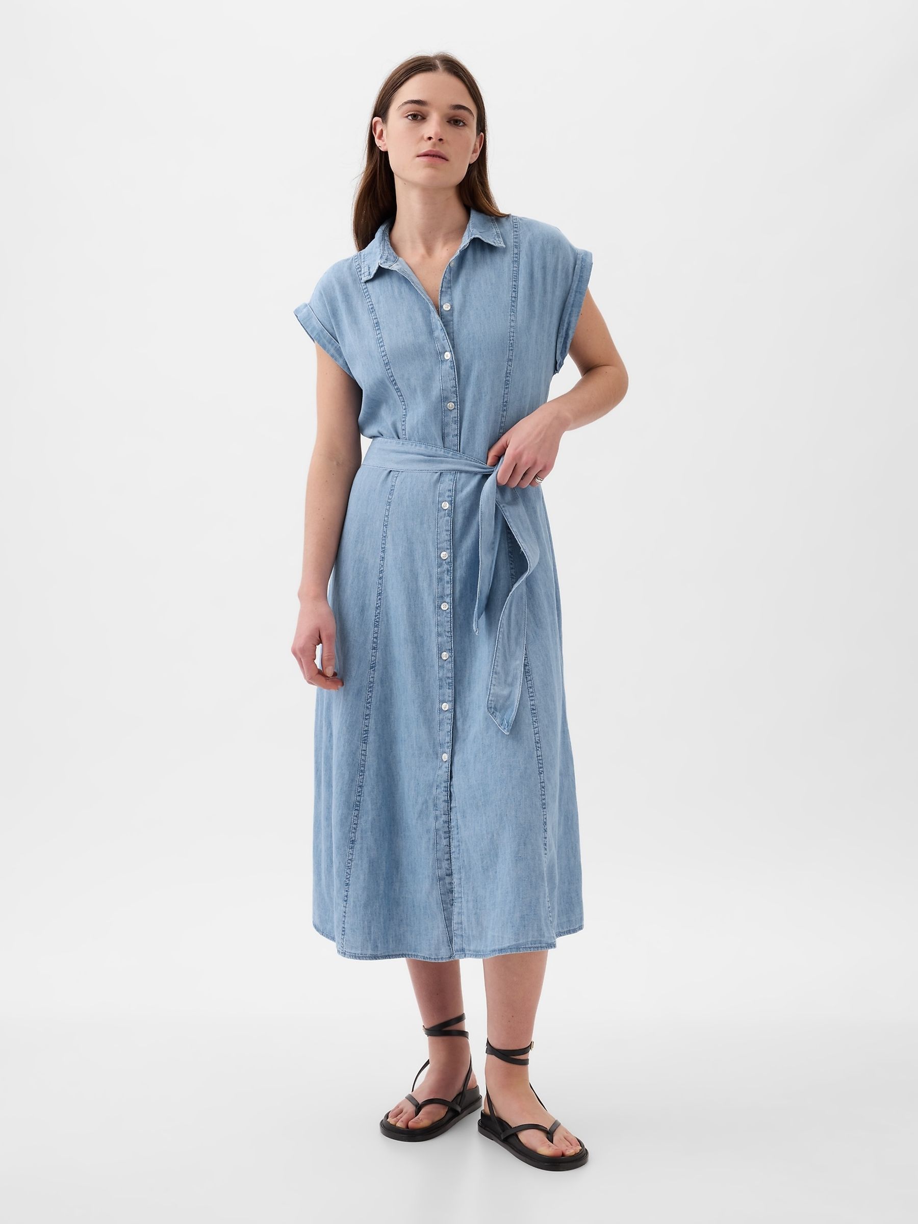 Blue Denim Tie Waist Midi Shirt Dress - Image 3 of 5