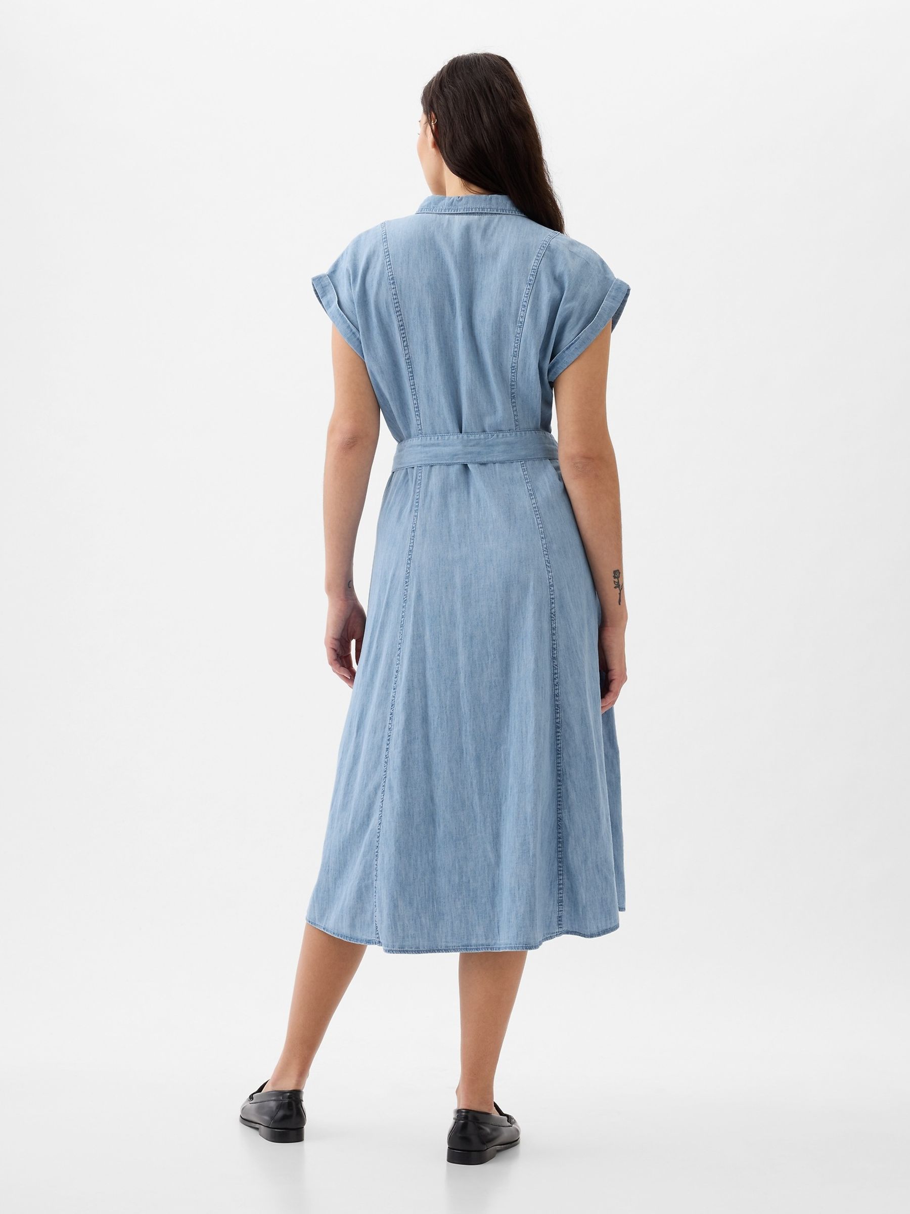 Blue Denim Tie Waist Midi Shirt Dress - Image 4 of 5