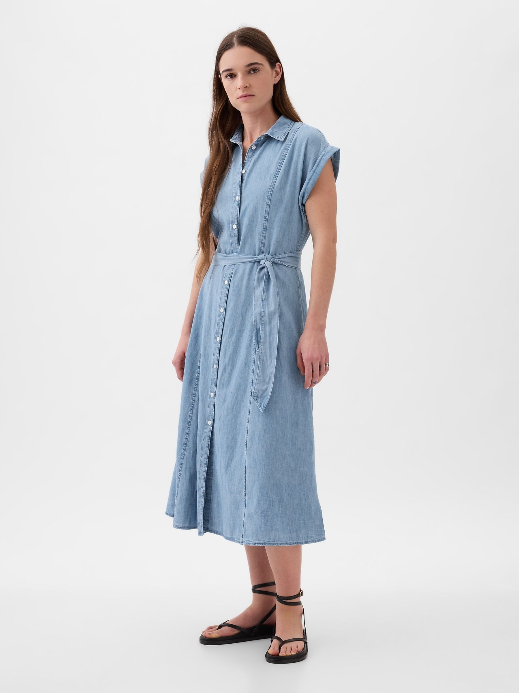 Blue Denim Tie Waist Midi Shirt Dress - Image 5 of 5