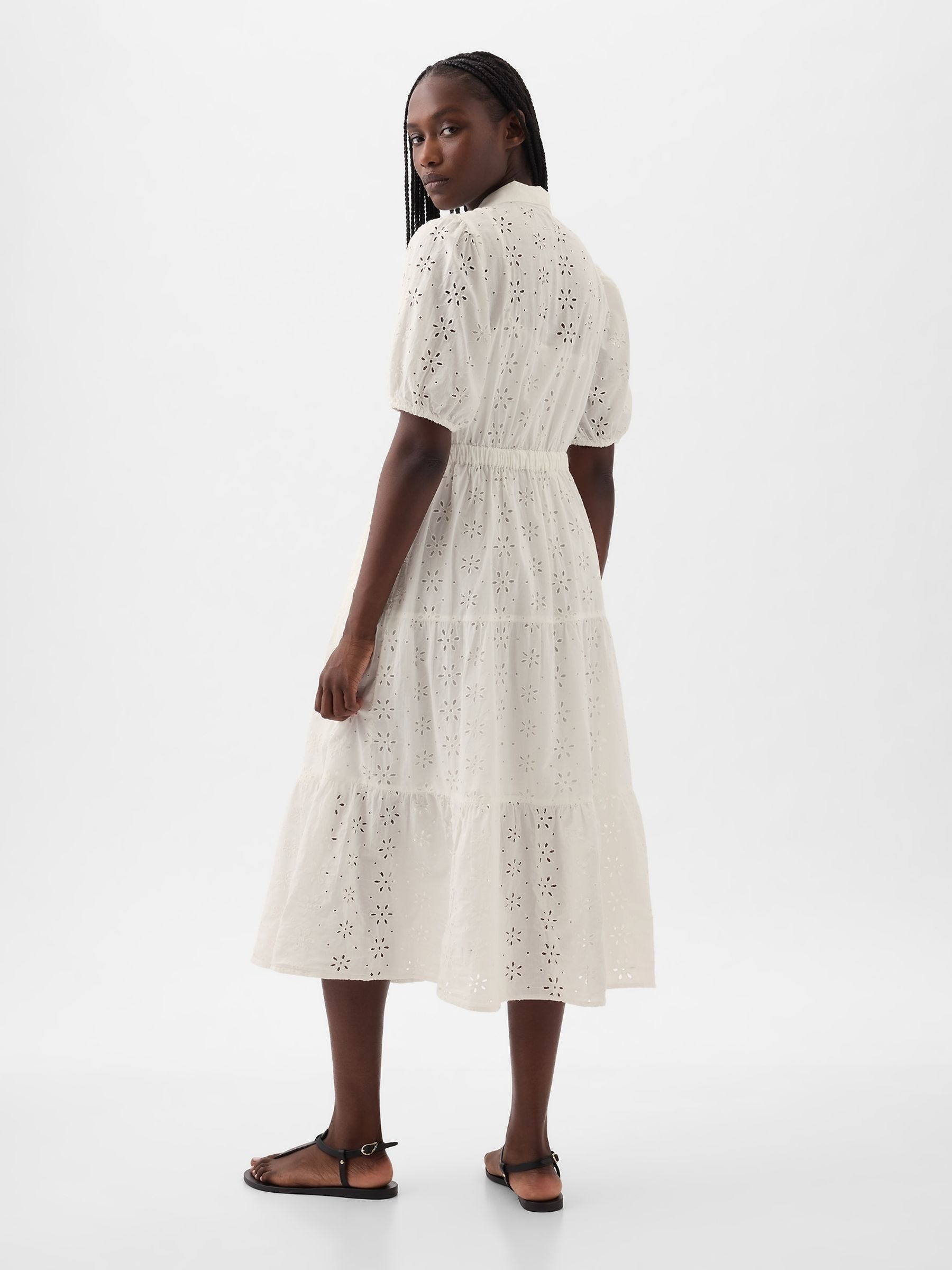 White Eyelet Tie Waist Tiered Midi Dress - Image 2 of 5