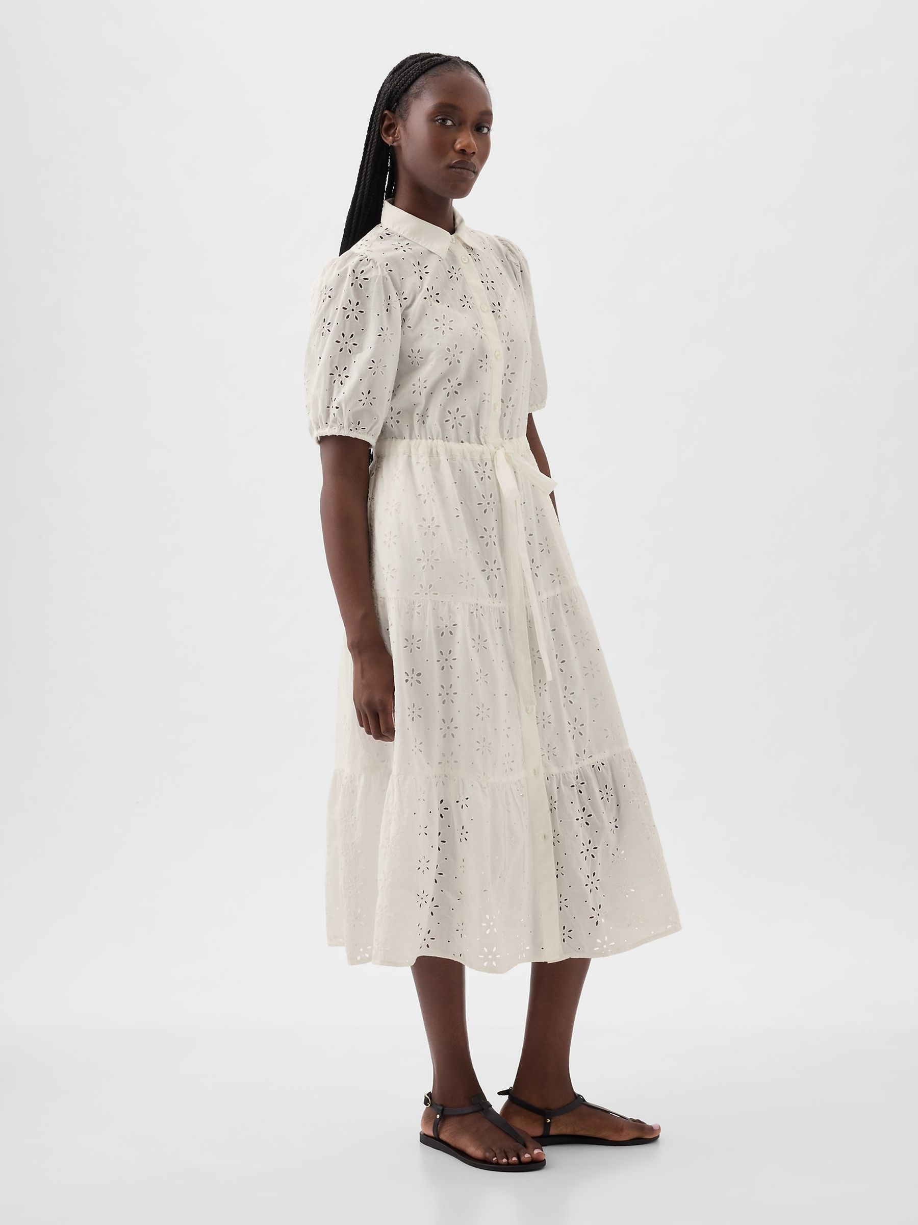 White Eyelet Tie Waist Tiered Midi Dress - Image 3 of 5
