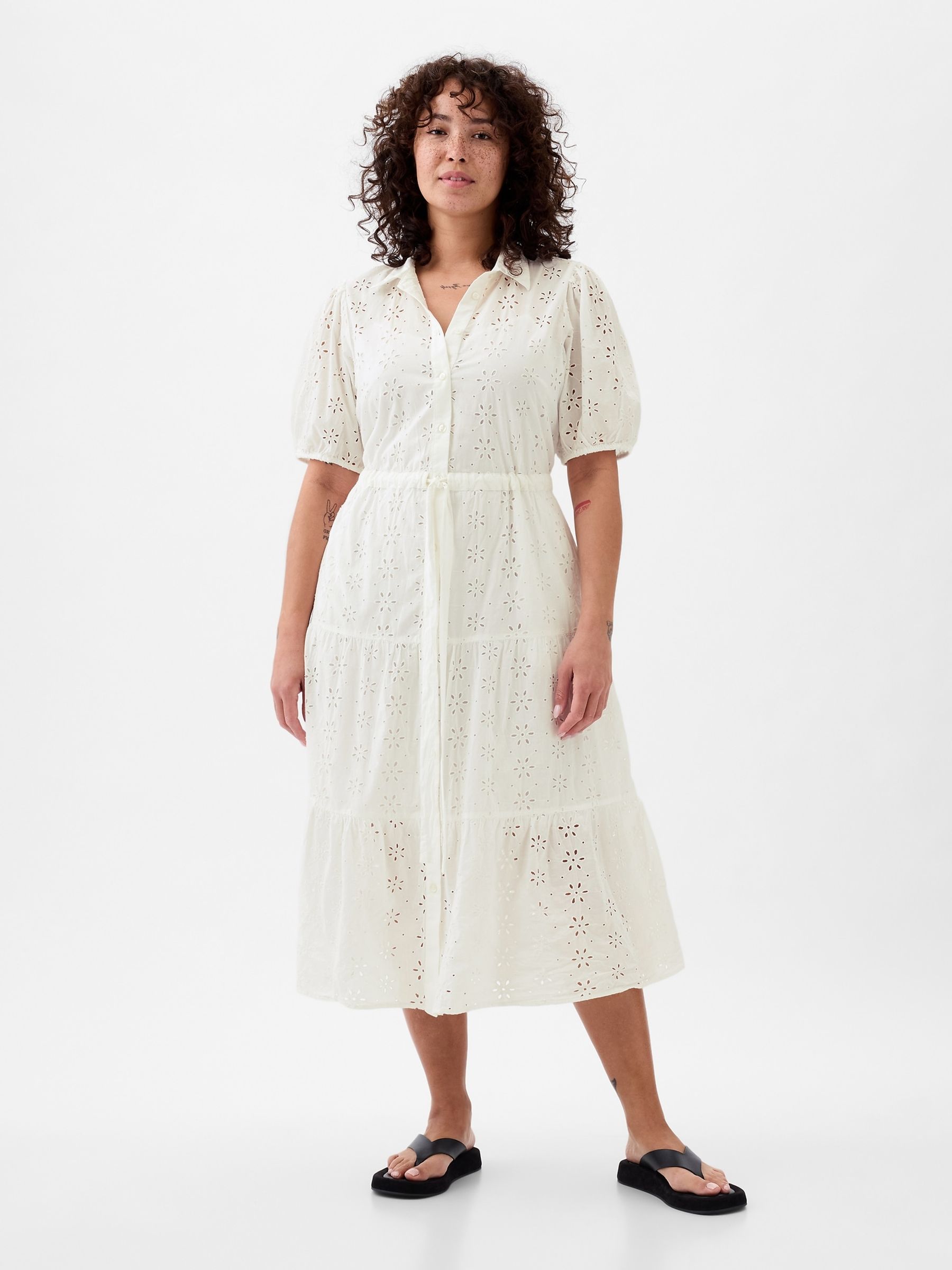 White Eyelet Tie Waist Tiered Midi Dress - Image 4 of 5