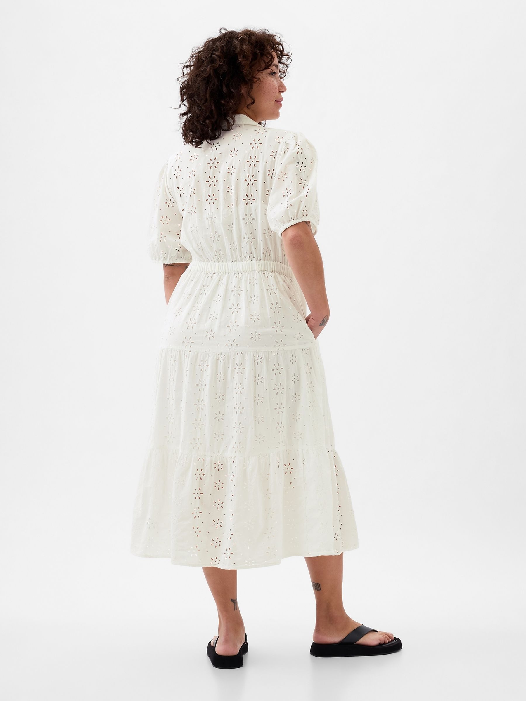 White Eyelet Tie Waist Tiered Midi Dress - Image 5 of 5