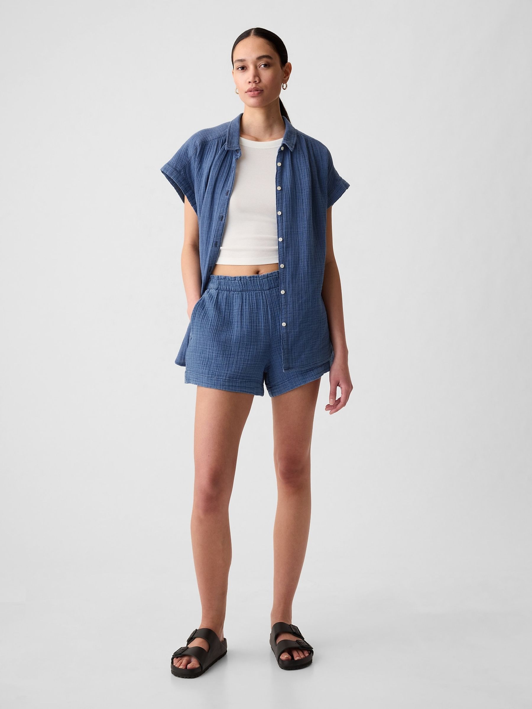 Blue Crinkle Cotton Pull On Short - Image 4 of 9