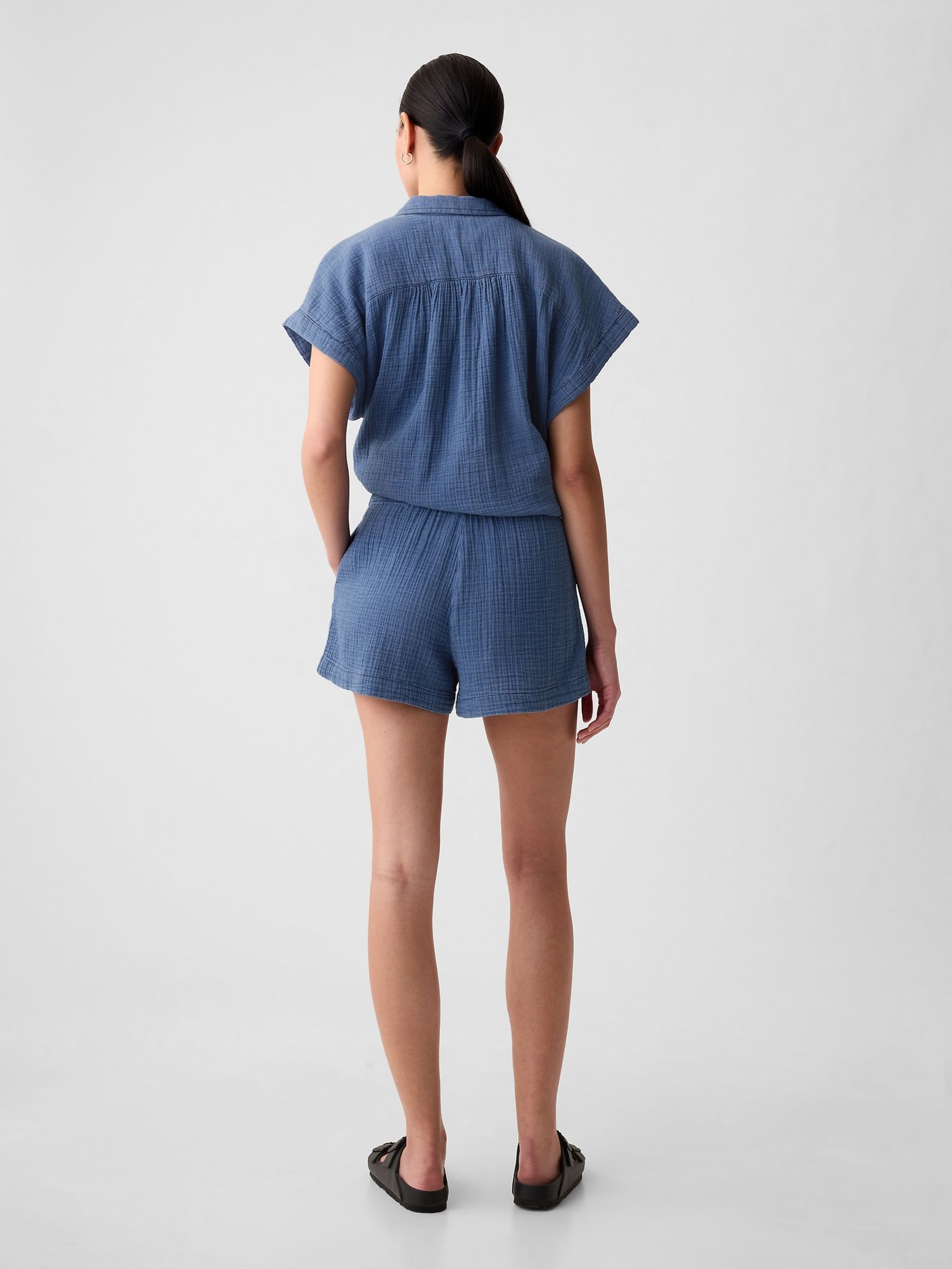Blue Crinkle Cotton Pull On Short - Image 5 of 9