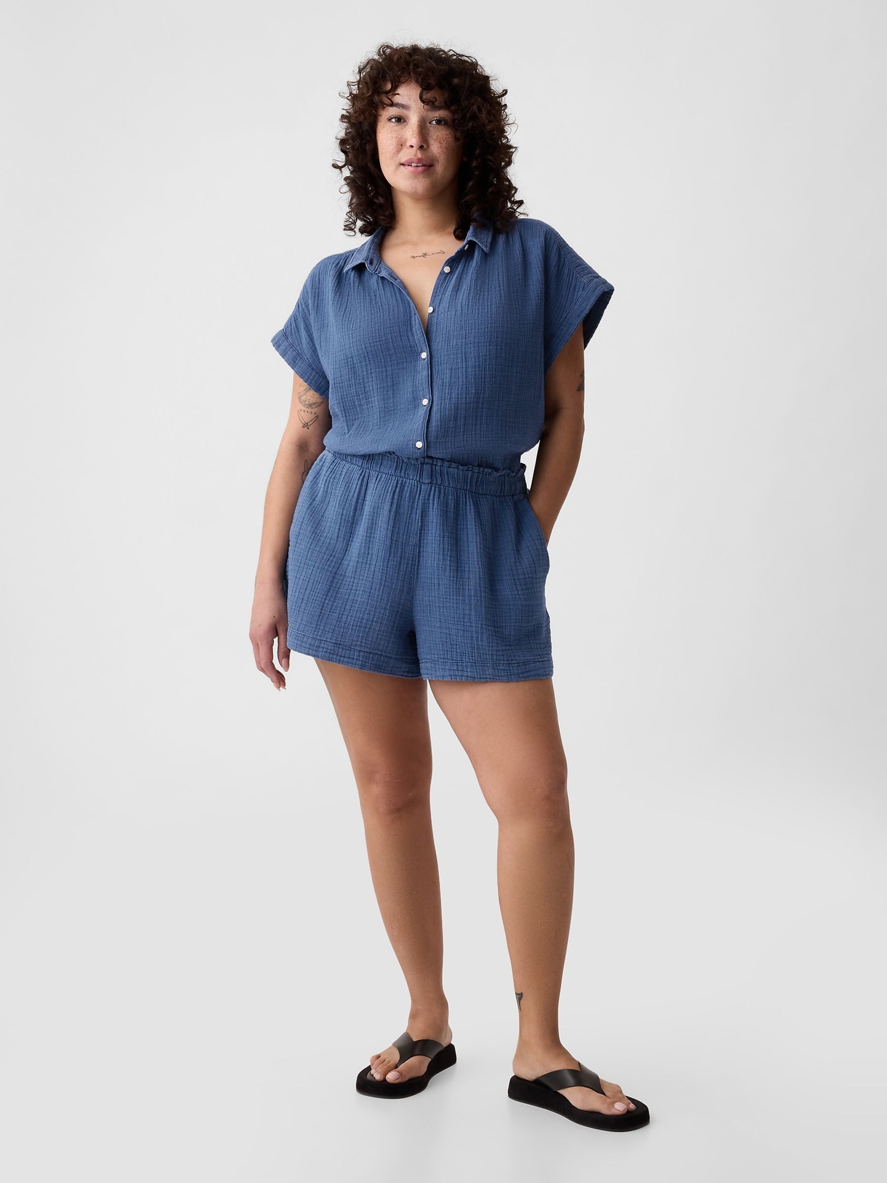 Blue Crinkle Cotton Pull On Short - Image 6 of 9