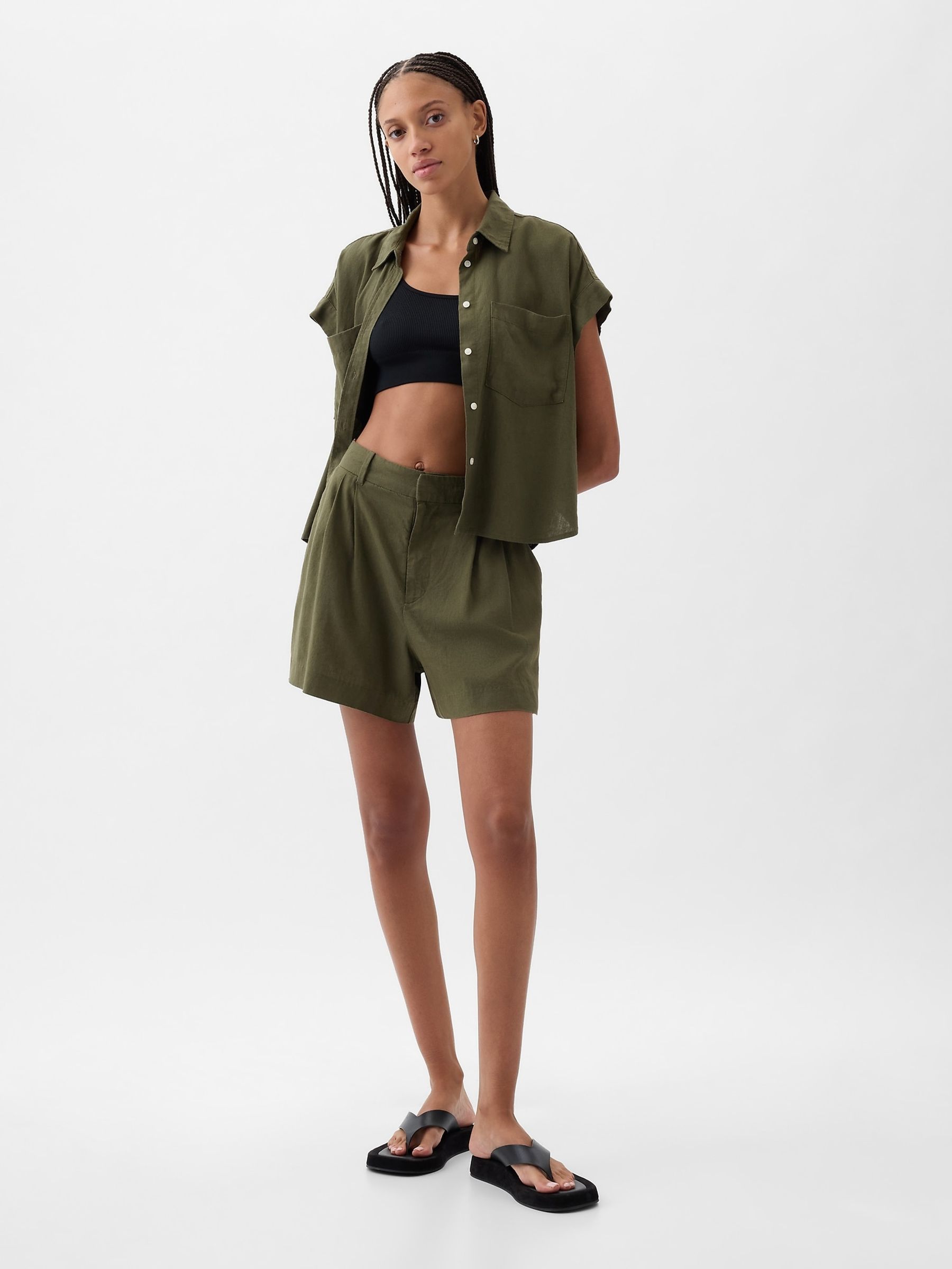 Olive Green Linen-Blend Short Sleeve Cropped Shirt - Image 3 of 4