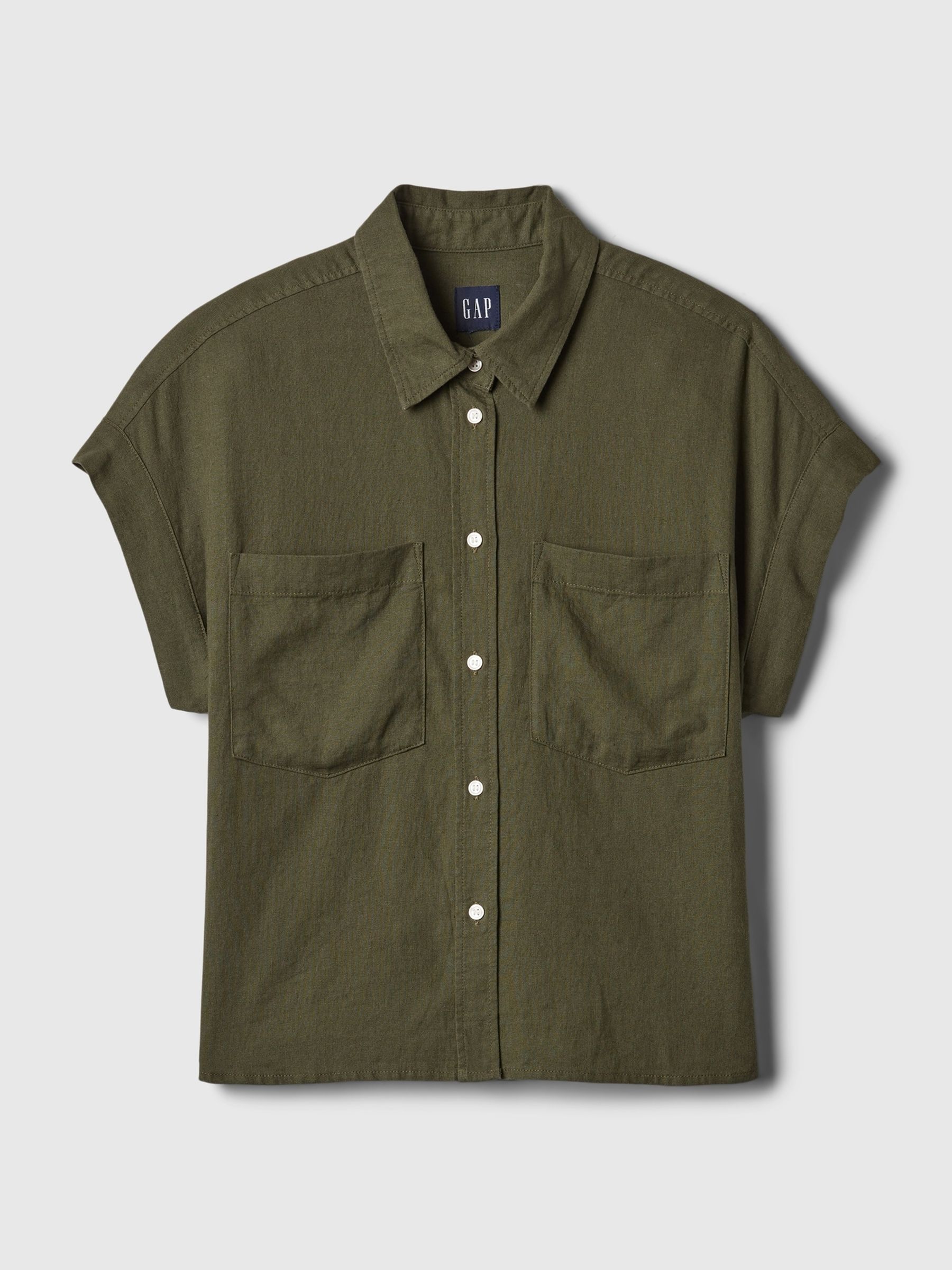 Olive Green Linen-Blend Short Sleeve Cropped Shirt - Image 4 of 4