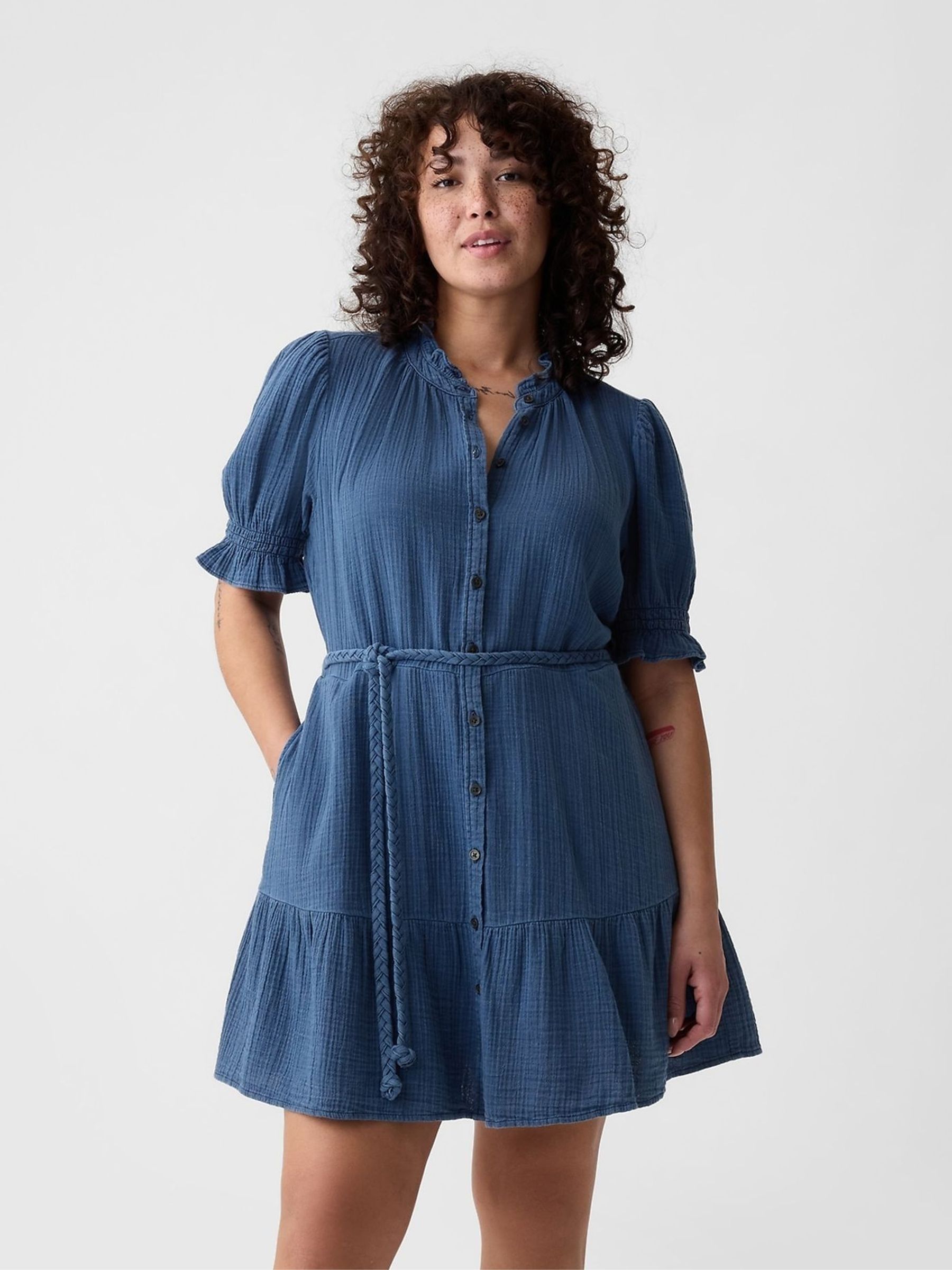 Blue Denim-Look Crinkle Tiered Mini Dress - Image 1 of 5