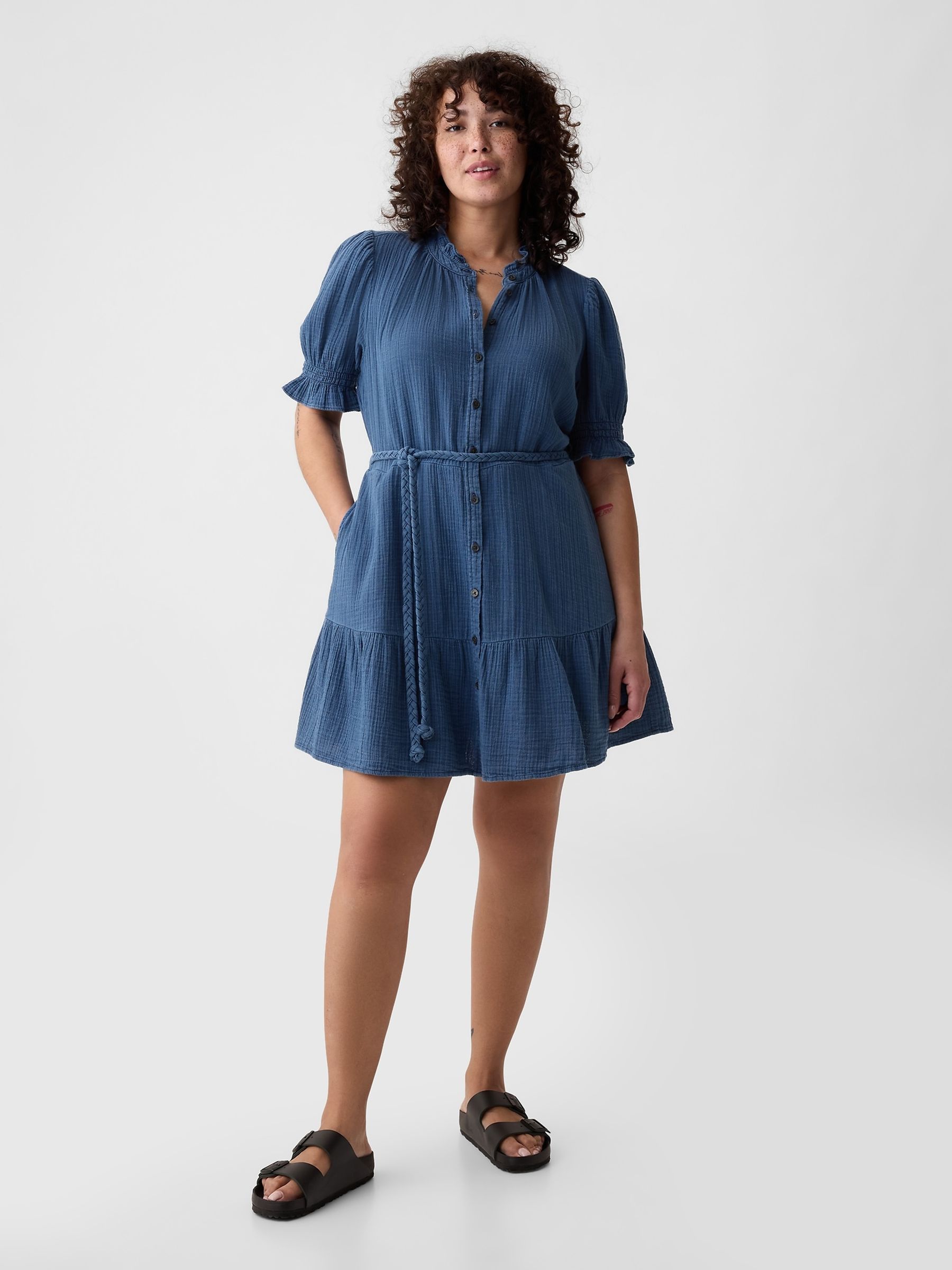 Blue Denim-Look Crinkle Tiered Mini Dress - Image 2 of 5