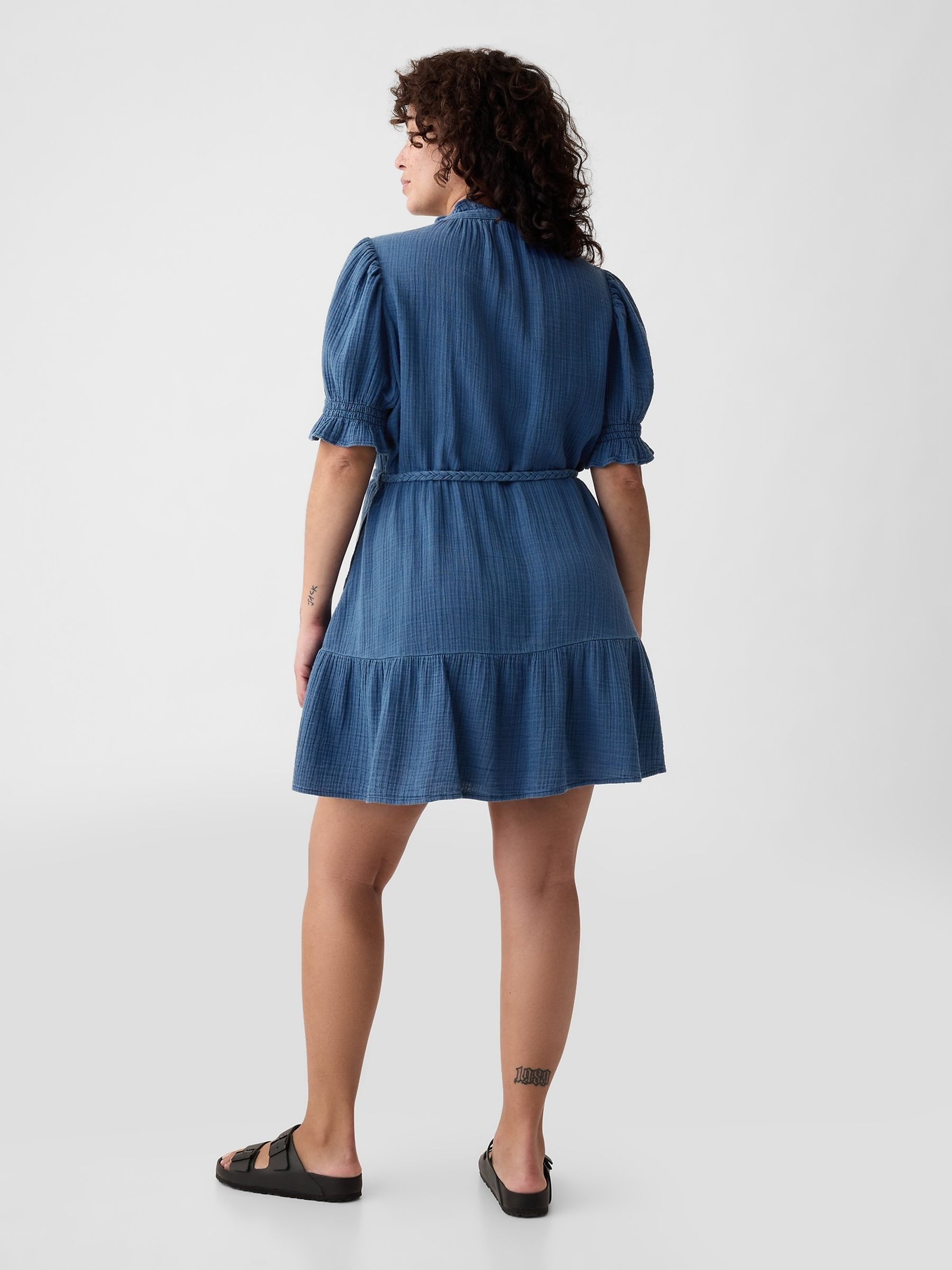 Blue Denim-Look Crinkle Tiered Mini Dress - Image 3 of 5
