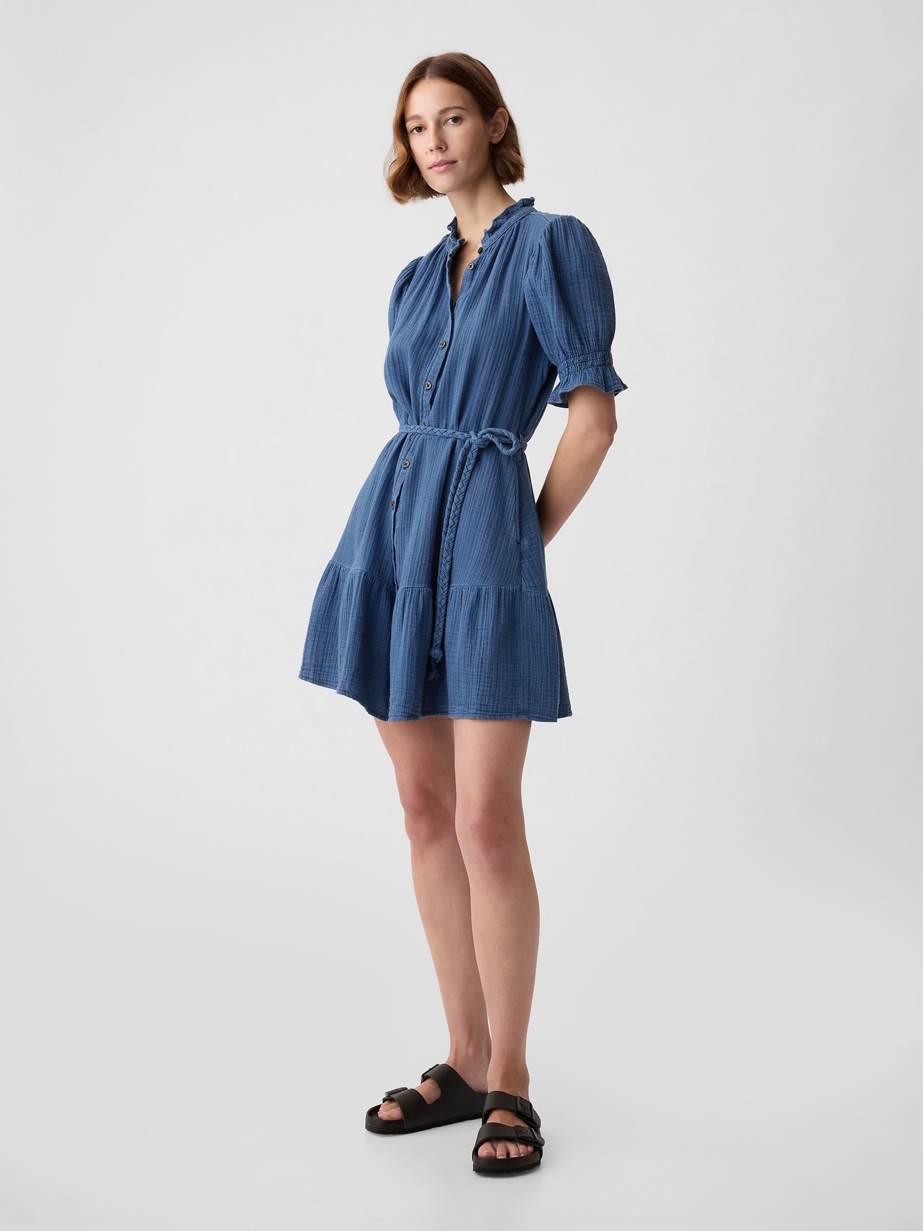 Blue Denim-Look Crinkle Tiered Mini Dress - Image 4 of 5