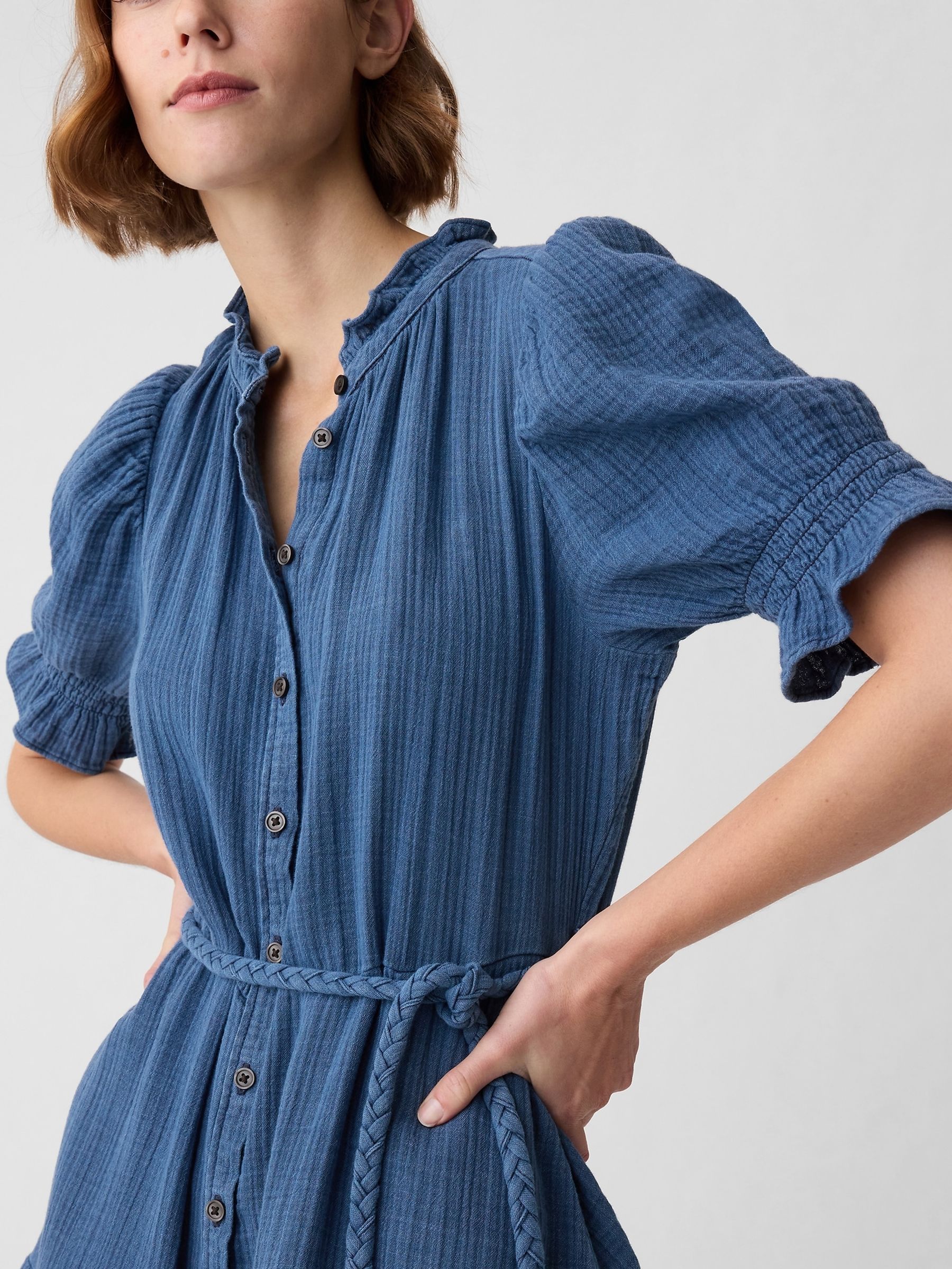Blue Denim-Look Crinkle Tiered Mini Dress - Image 5 of 5