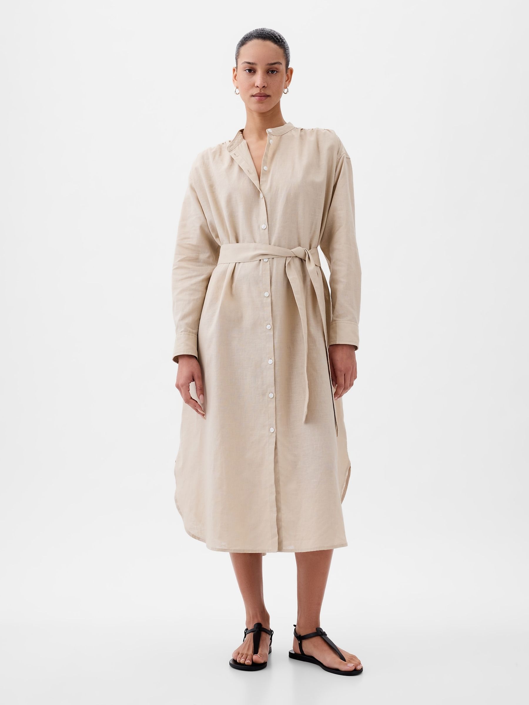 Neutral Linen Blend Long Sleeve Shirt Dress - Image 3 of 5