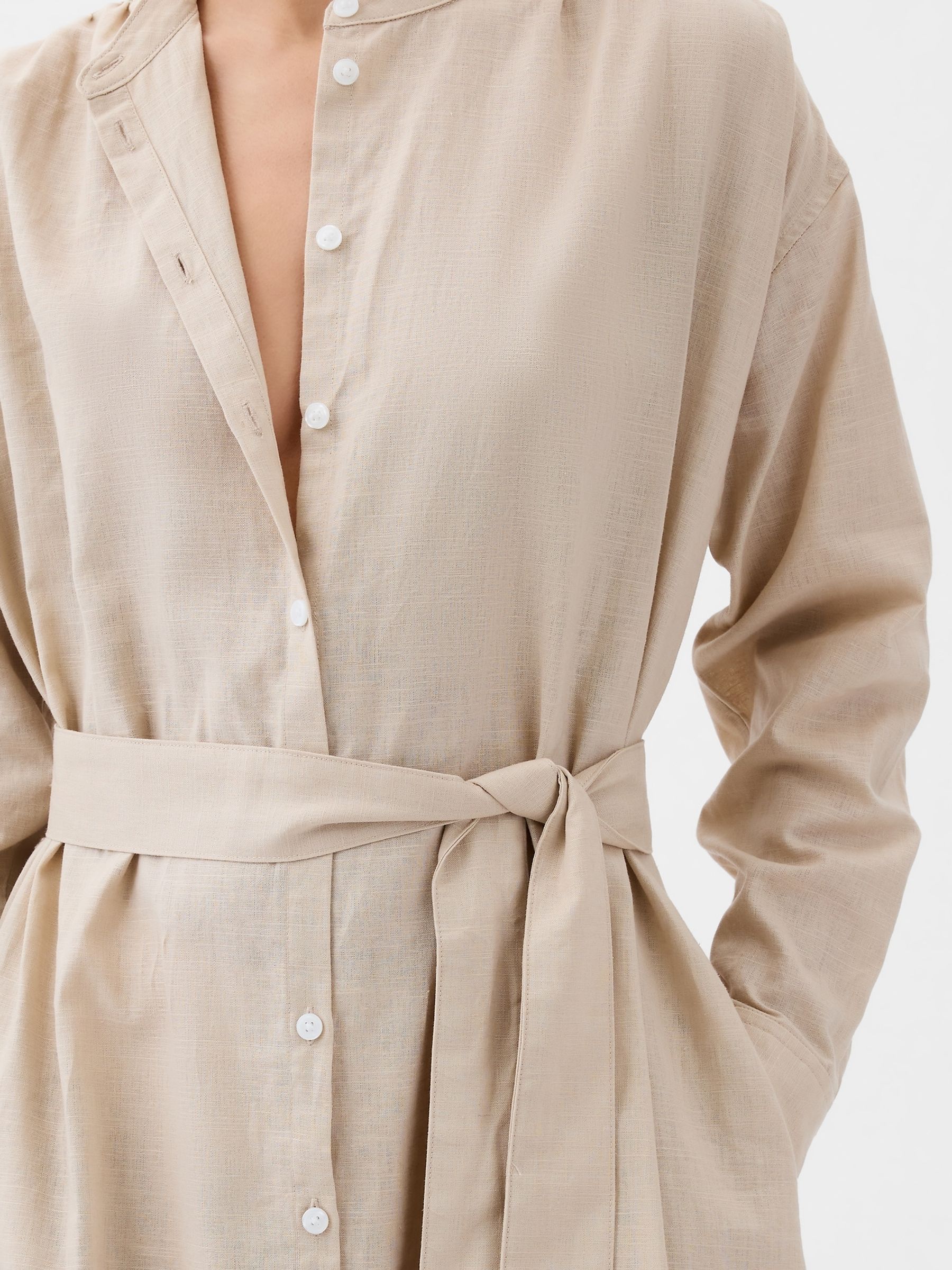 Neutral Linen Blend Long Sleeve Shirt Dress - Image 4 of 5