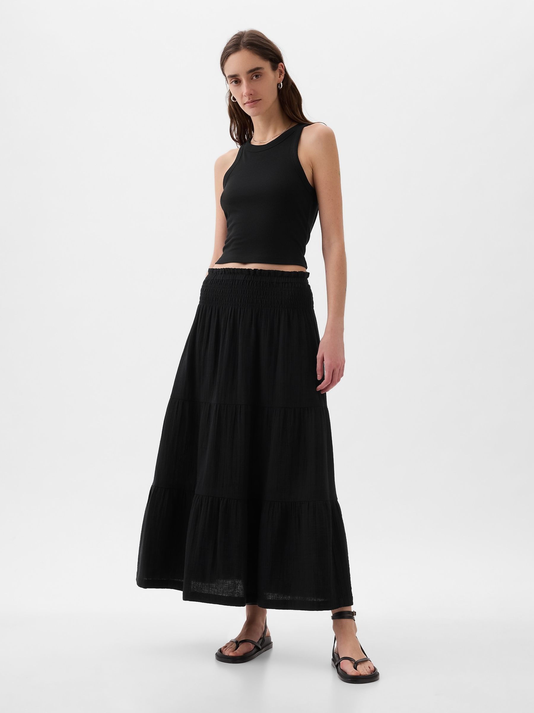 Black Crinkle Cotton Pull On Maxi Skirt Gap