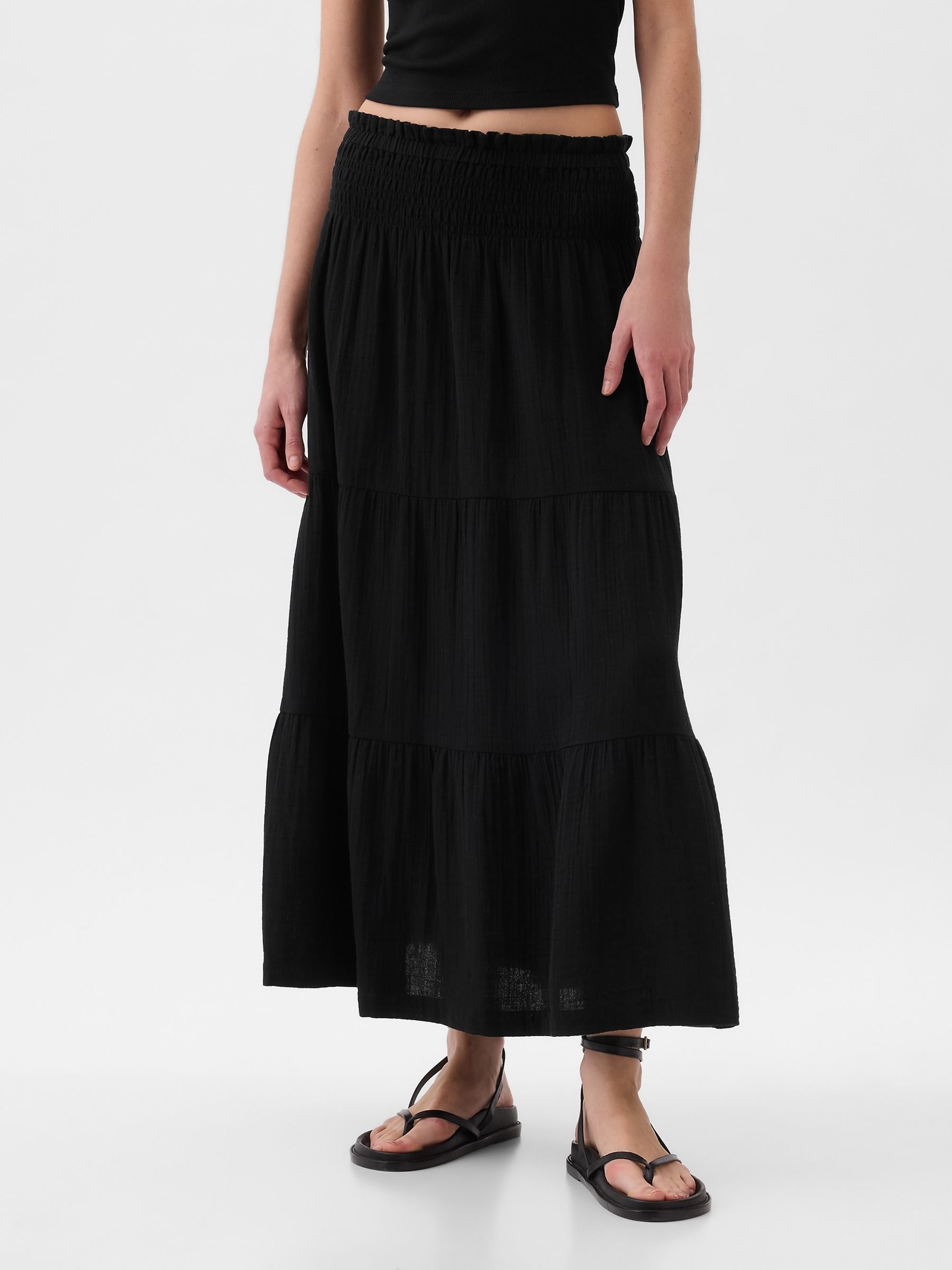 Black Crinkle Cotton Pull On Maxi Skirt - Image 2 of 3
