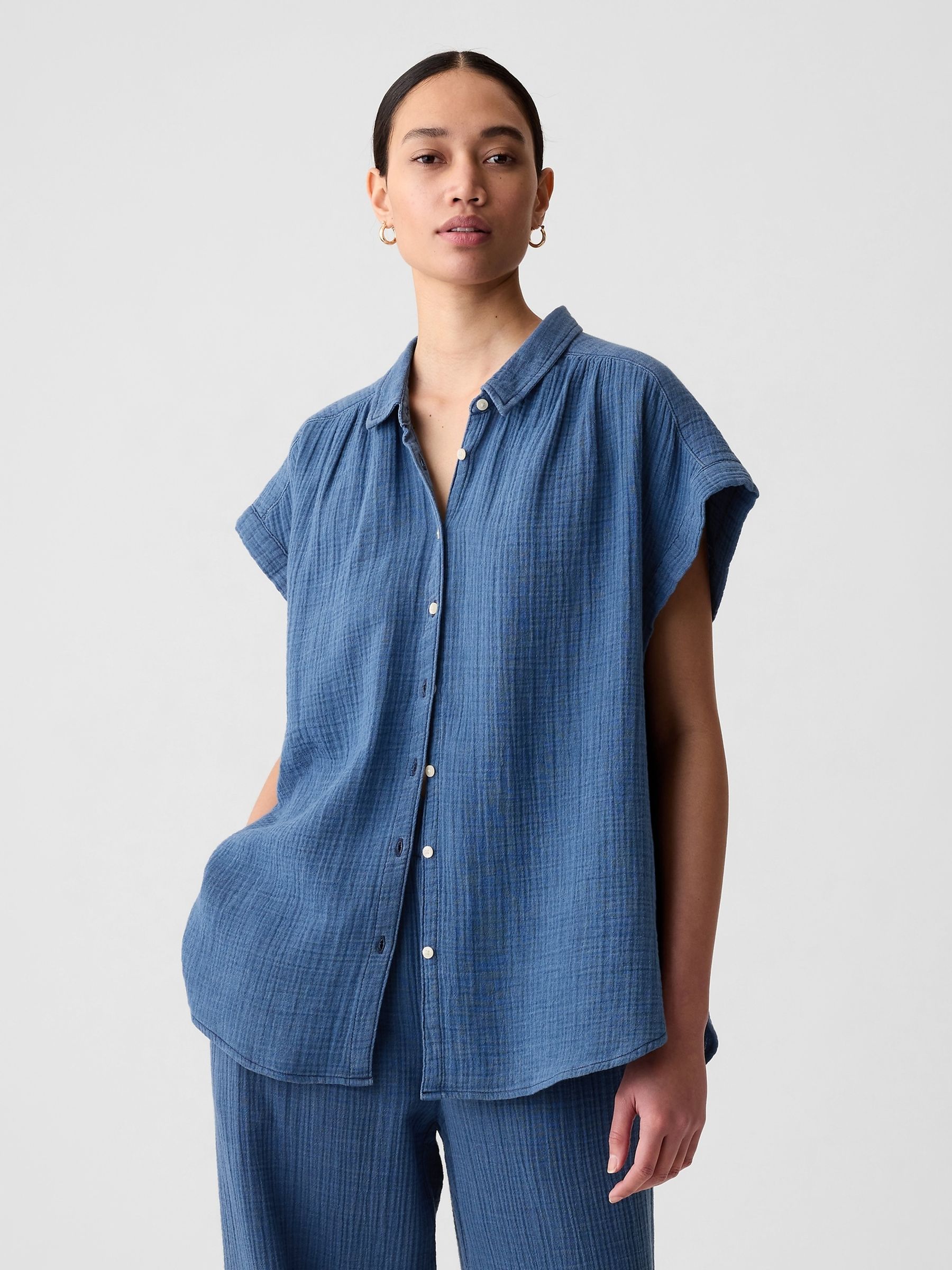Blue Crinkle Cotton Short Sleeve Shirt - Image 1 of 6