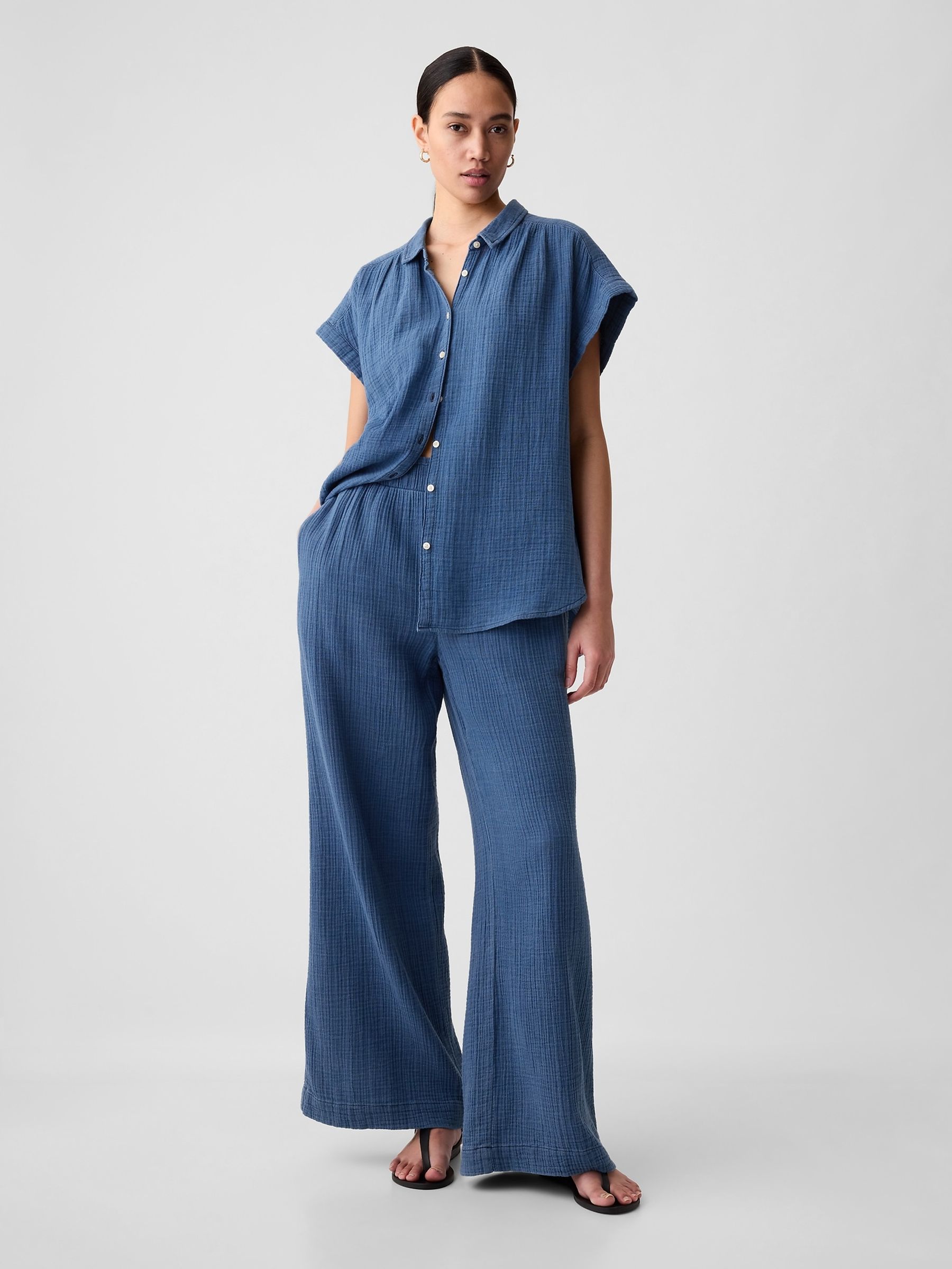Blue Crinkle Cotton Short Sleeve Shirt - Image 3 of 6