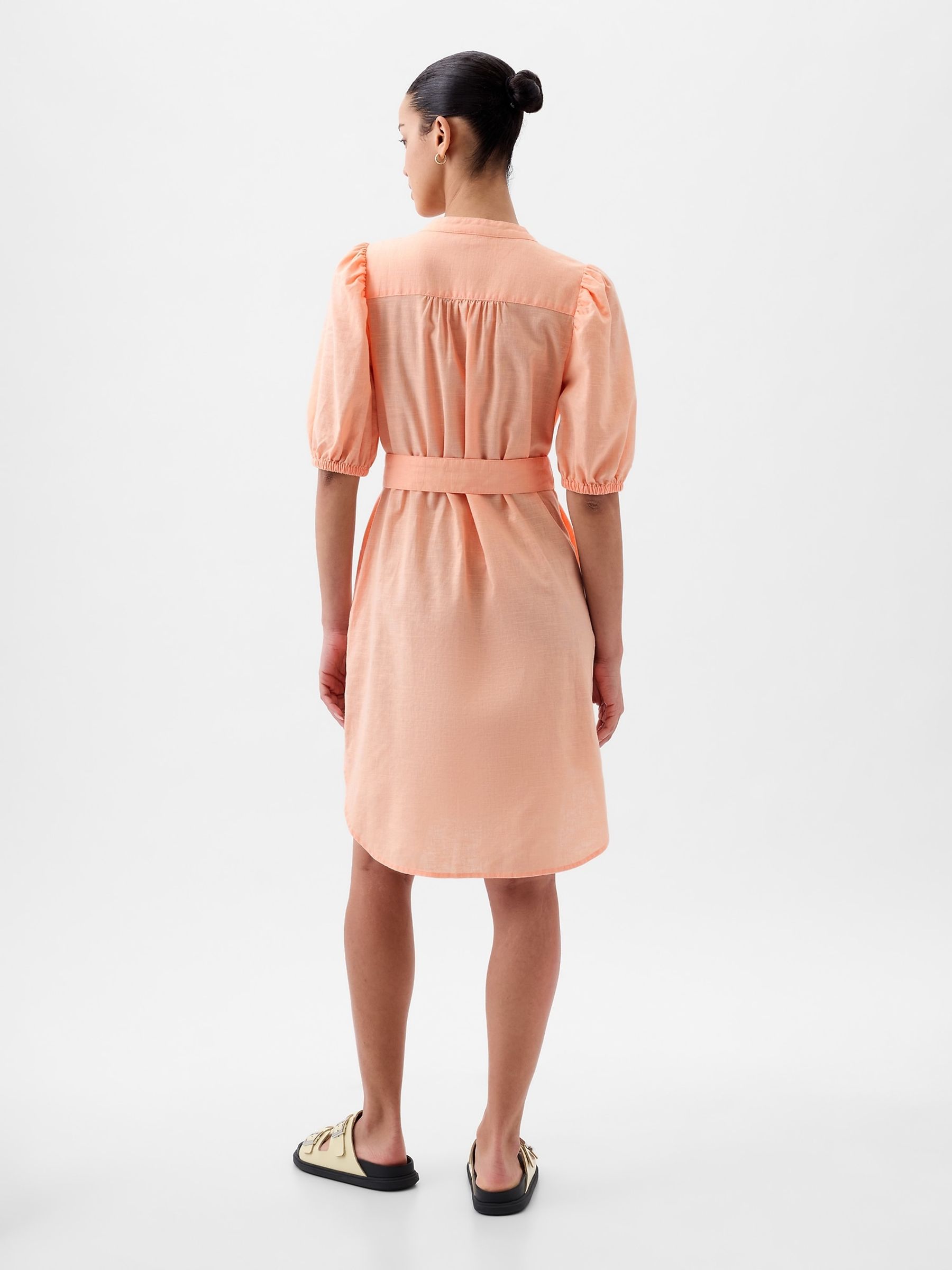 Orange Linen Blend Short Puff Sleeve Mini Shirt Dress - Image 2 of 5