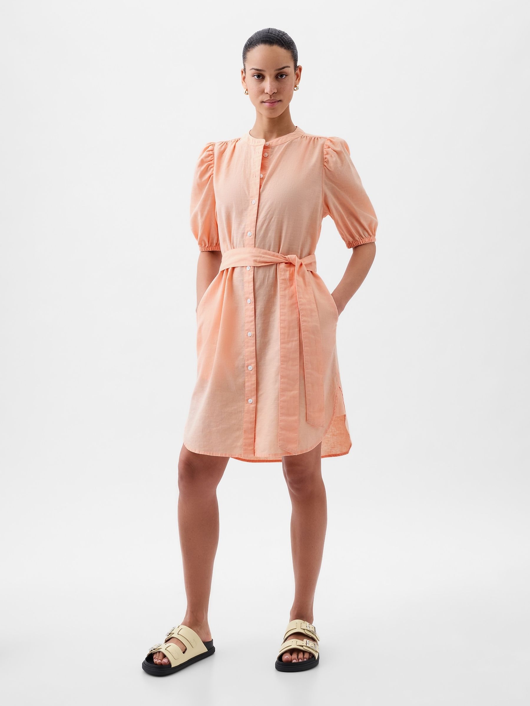 Orange Linen Blend Short Puff Sleeve Mini Shirt Dress - Image 3 of 5