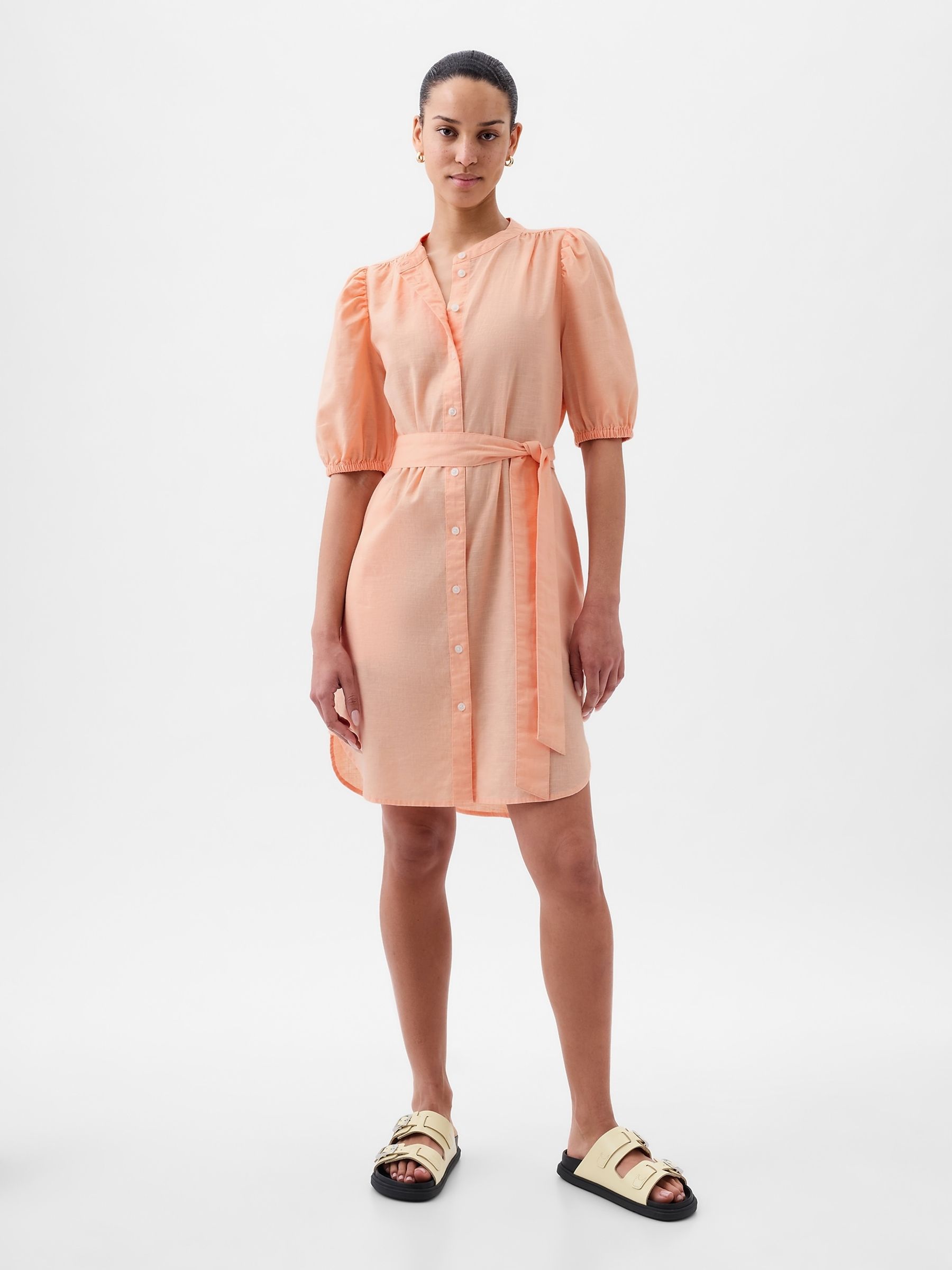 Orange Linen Blend Short Puff Sleeve Mini Shirt Dress - Image 4 of 5