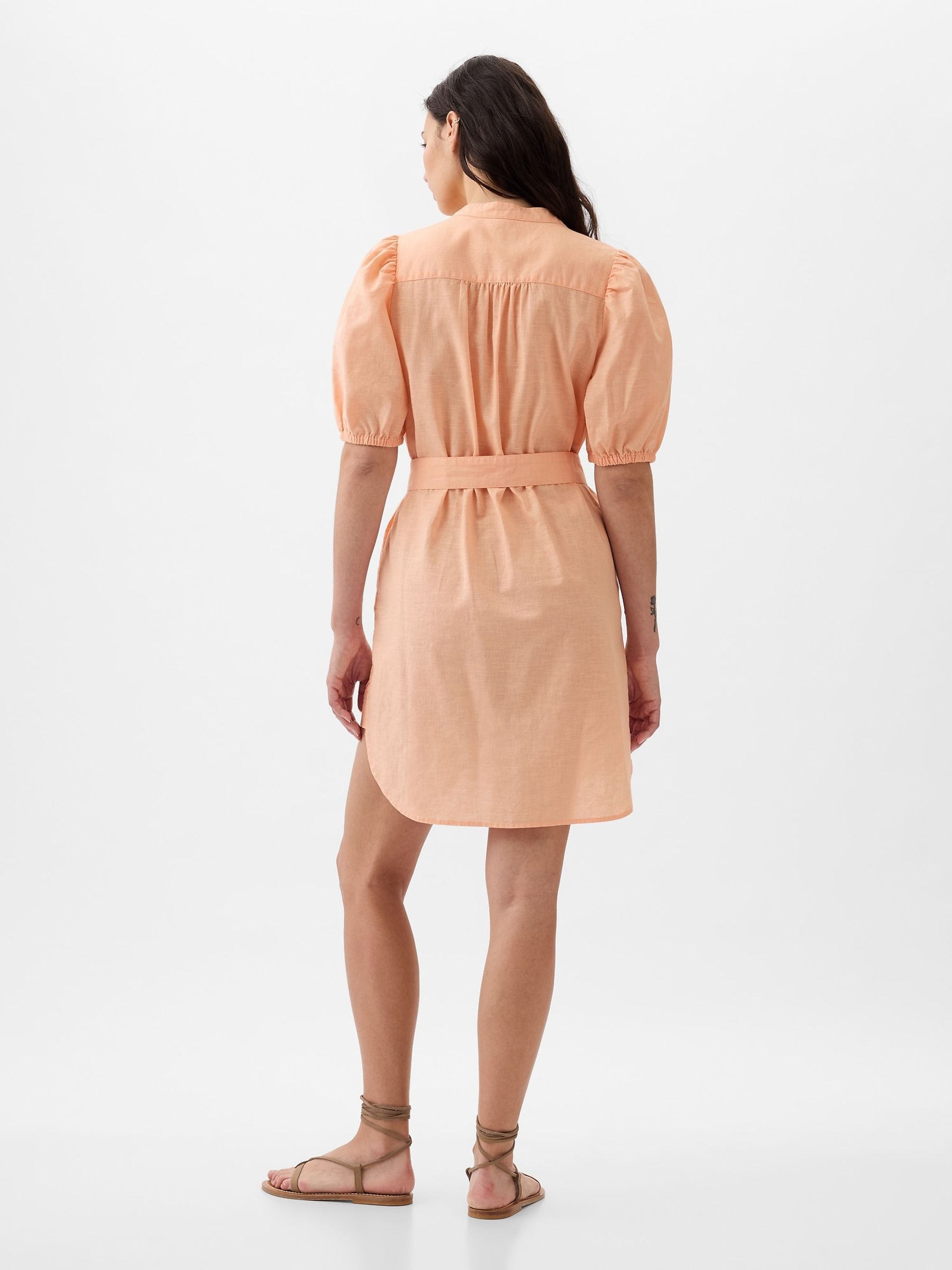 Orange Linen Blend Short Puff Sleeve Mini Shirt Dress - Image 5 of 5