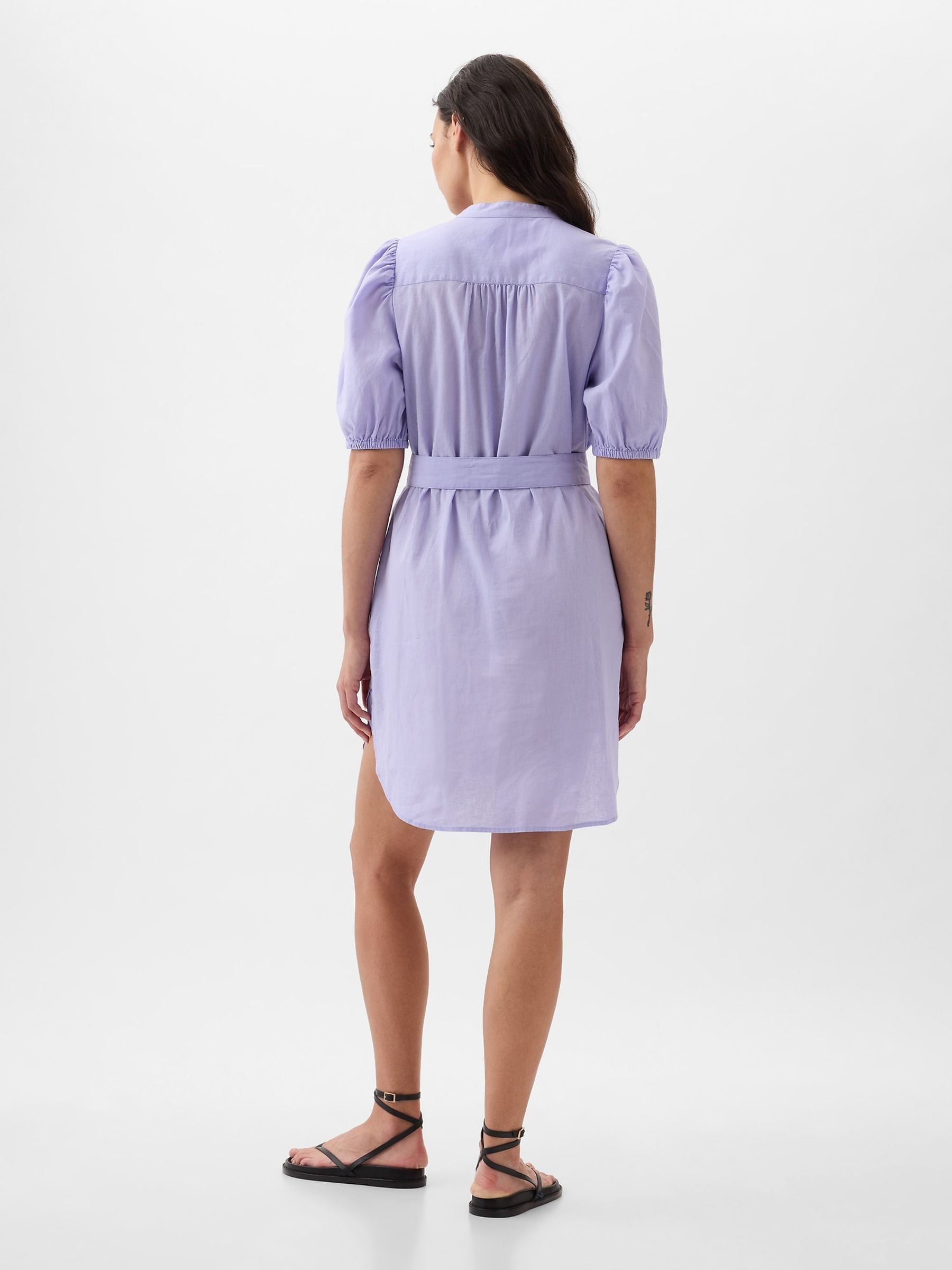 Purple Linen Blend Short Puff Sleeve Mini Shirt Dress - Image 2 of 5