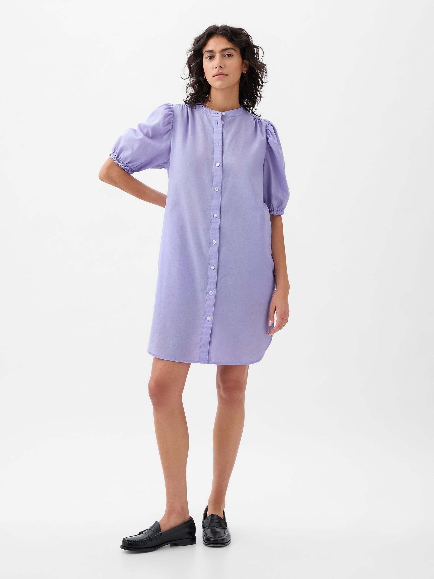 Purple Linen Blend Short Puff Sleeve Mini Shirt Dress - Image 4 of 5