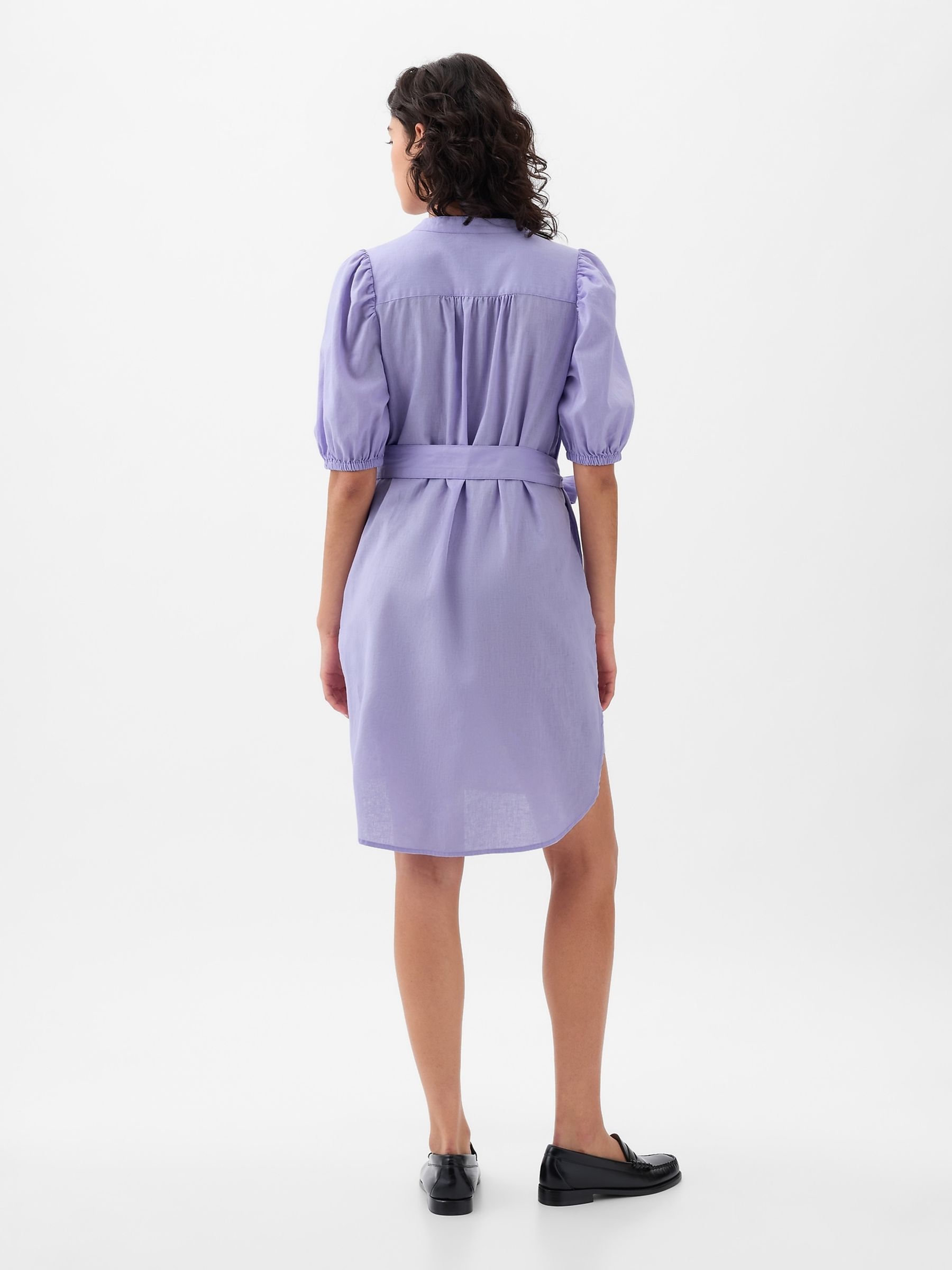 Purple Linen Blend Short Puff Sleeve Mini Shirt Dress - Image 5 of 5