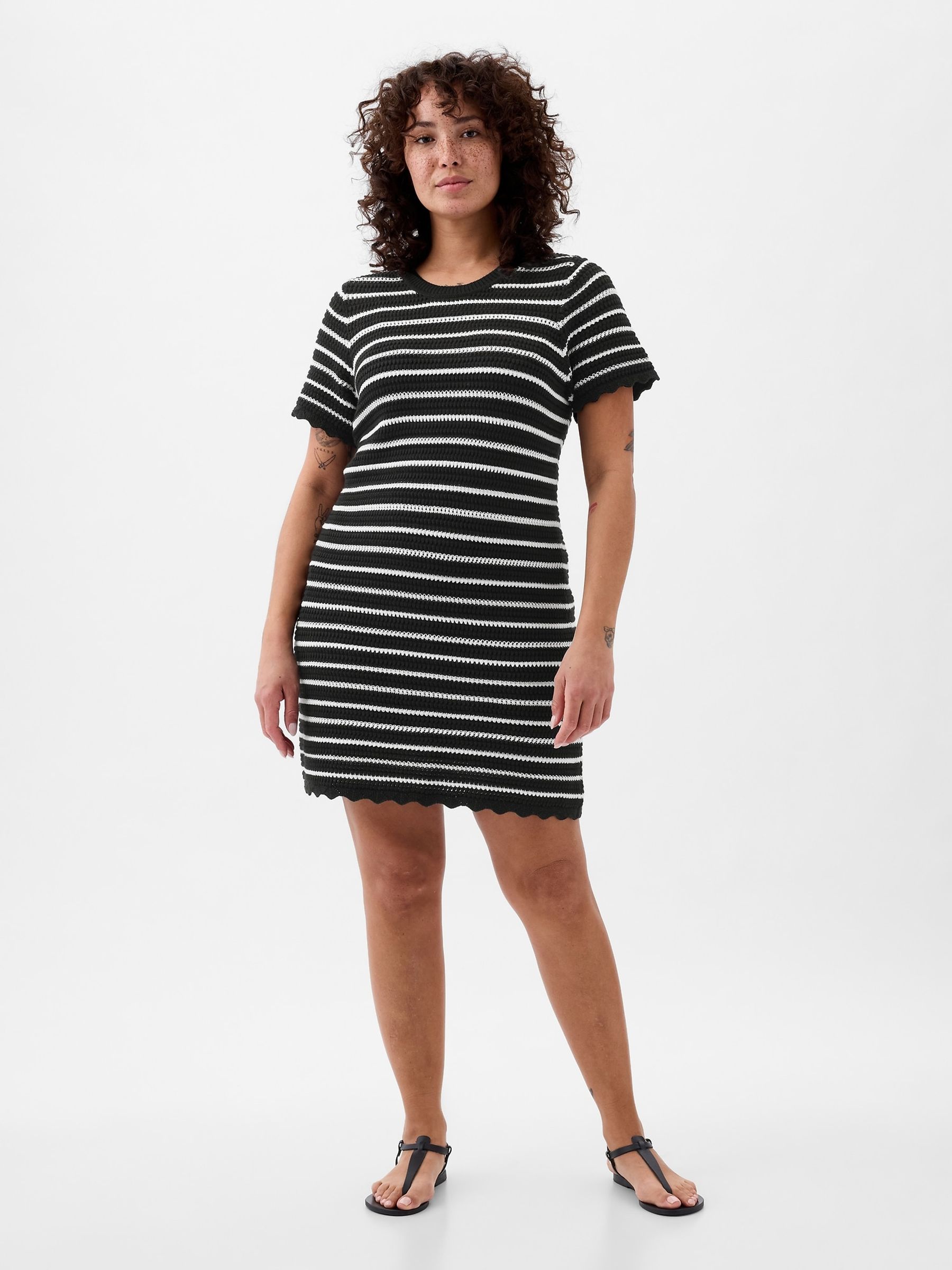 Black/White Crochet Stripe Mini Dress - Image 1 of 3