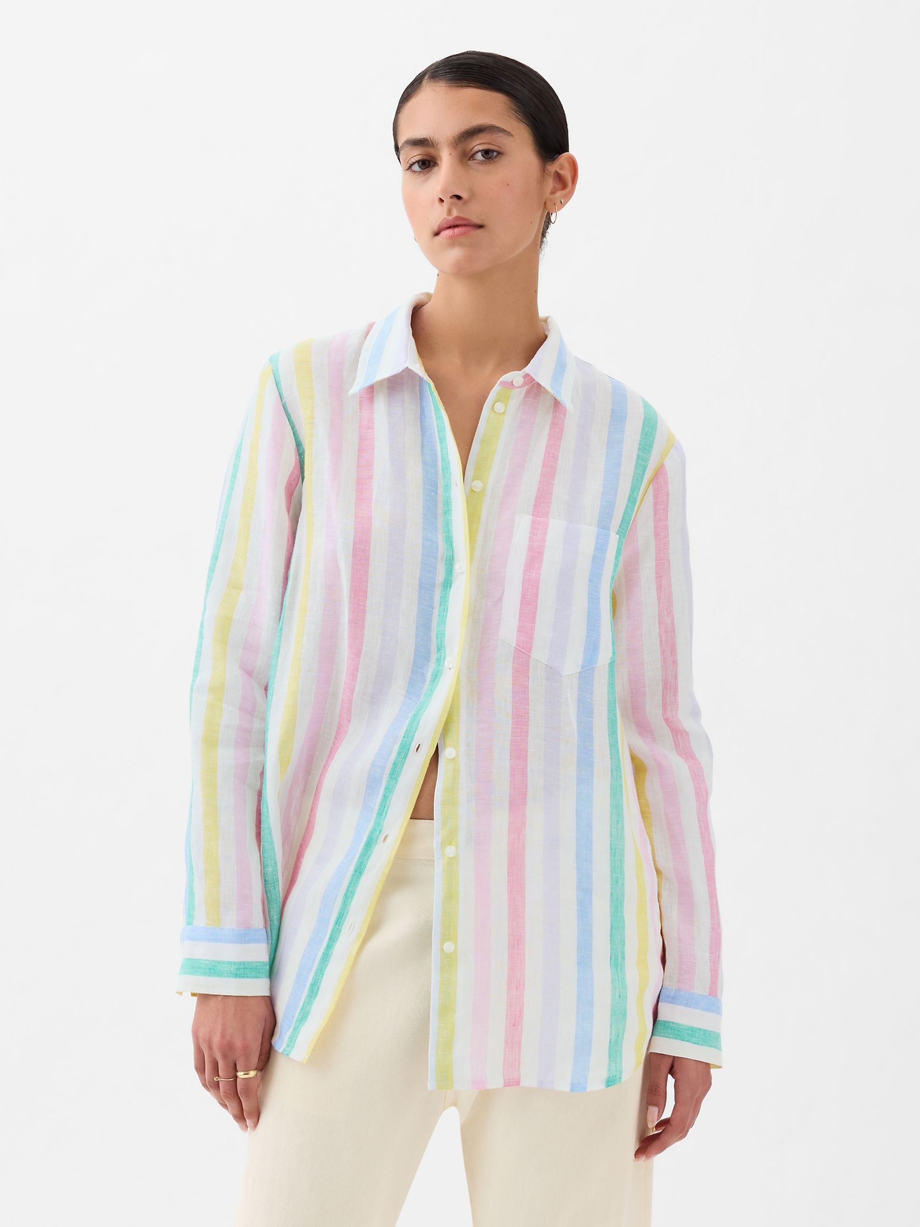 White and Mutli Stripe 100% Linen Long Sleeve Oversized Shirt - Image 1 of 1