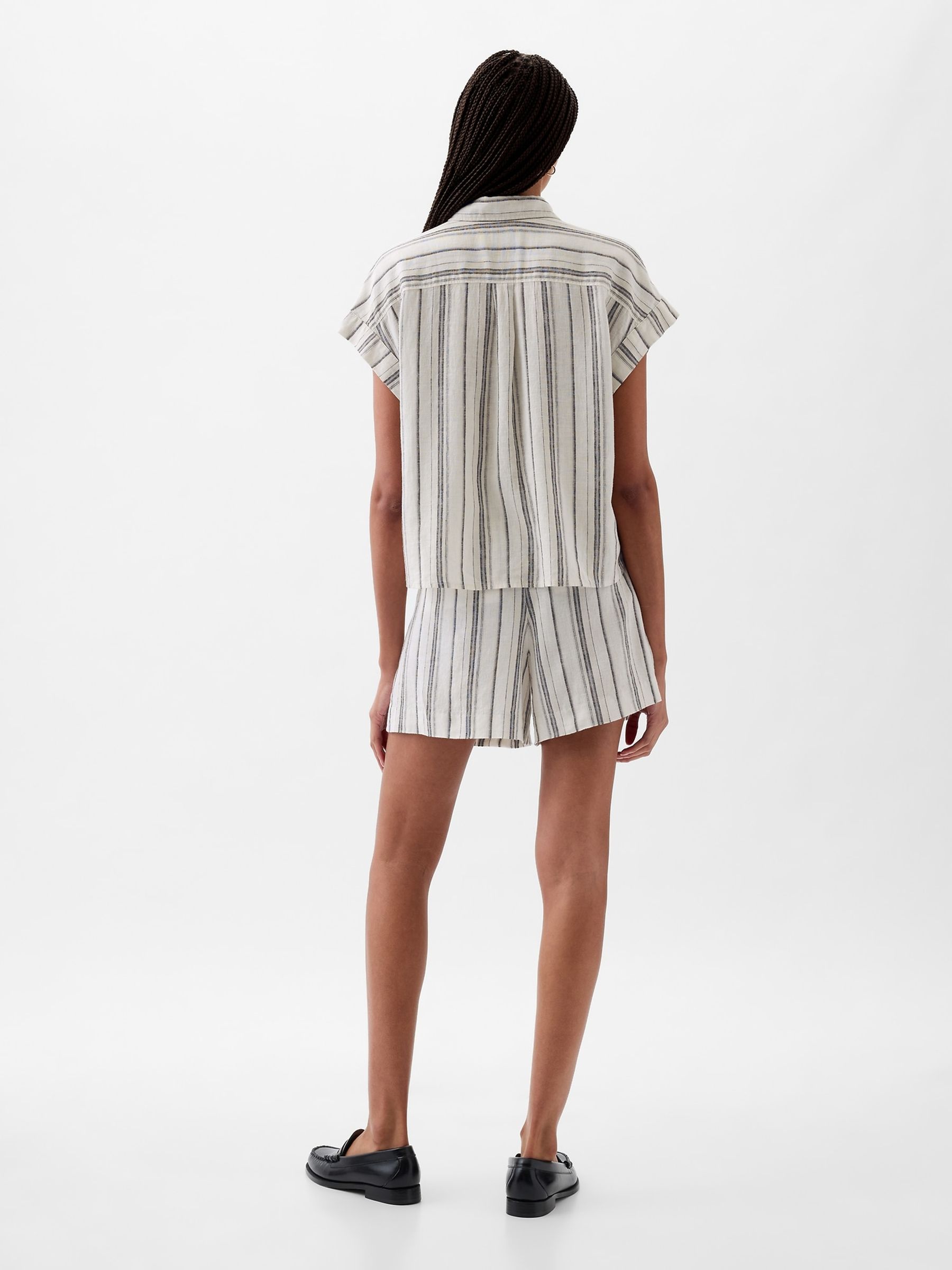 Neutral Stripe Linen-Blend Short Sleeve Cropped Shirt - Image 2 of 4
