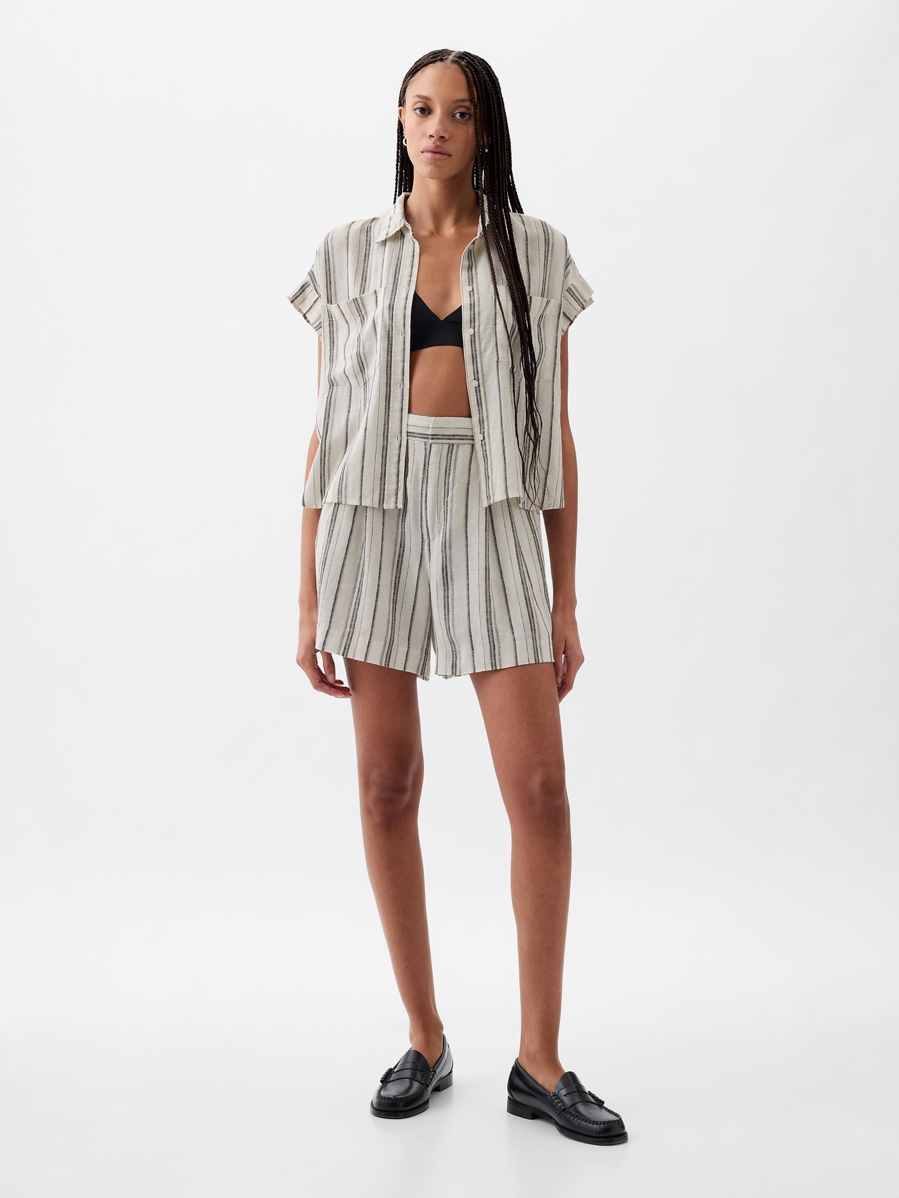 Neutral Stripe Linen-Blend Short Sleeve Cropped Shirt - Image 3 of 4