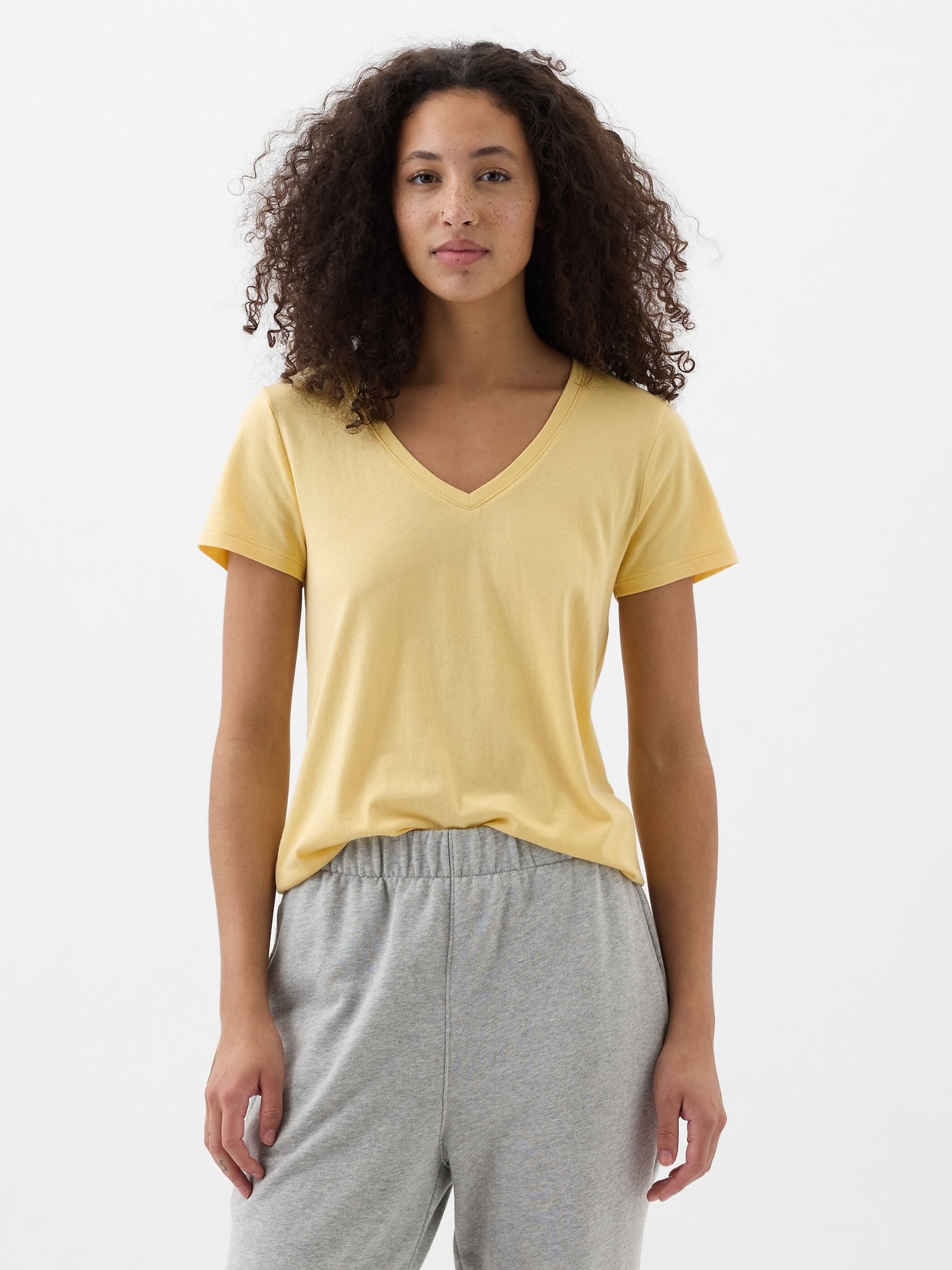 Yellow Short Sleeve V Neck T-Shirt - Image 1 of 2